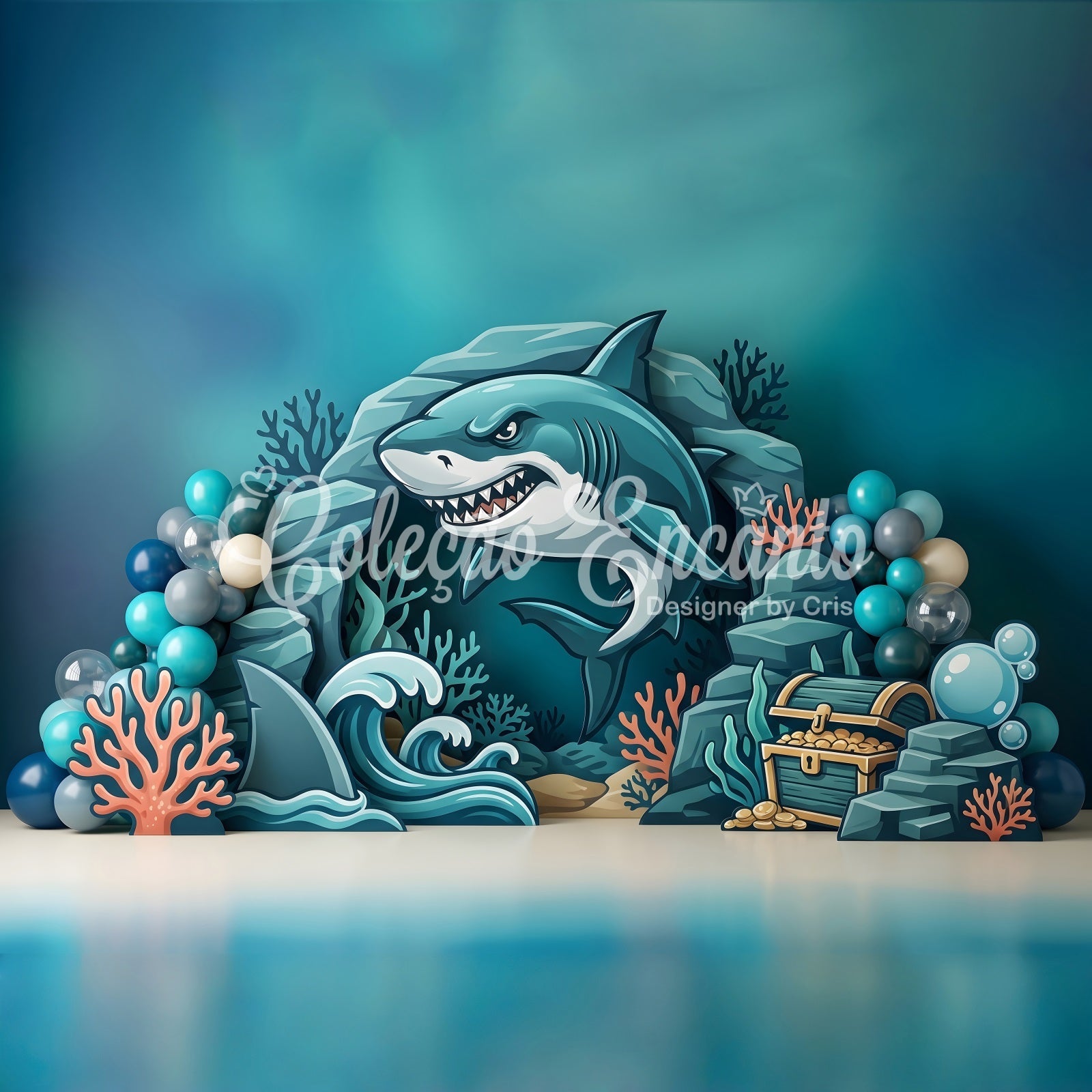 Toile de fond pour enfant avec requin océan trésor coraux et grotte CEM65-48
