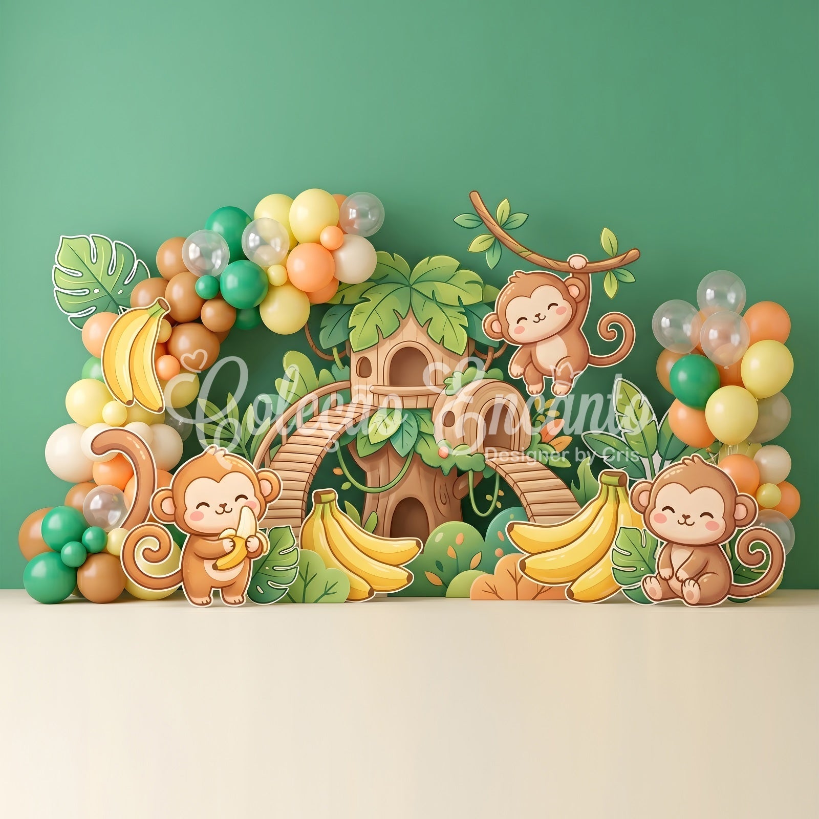 Toile de fond photo pour bébé avec jungle singe bananier et cabane dans les arbres CEM65-49