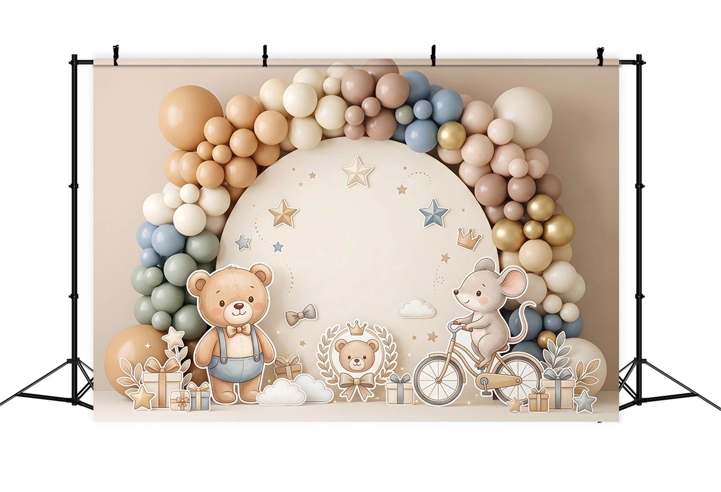 Toile de fond neutre pour nouveau-né avec lion doré et arche de ballons CEM65-51
