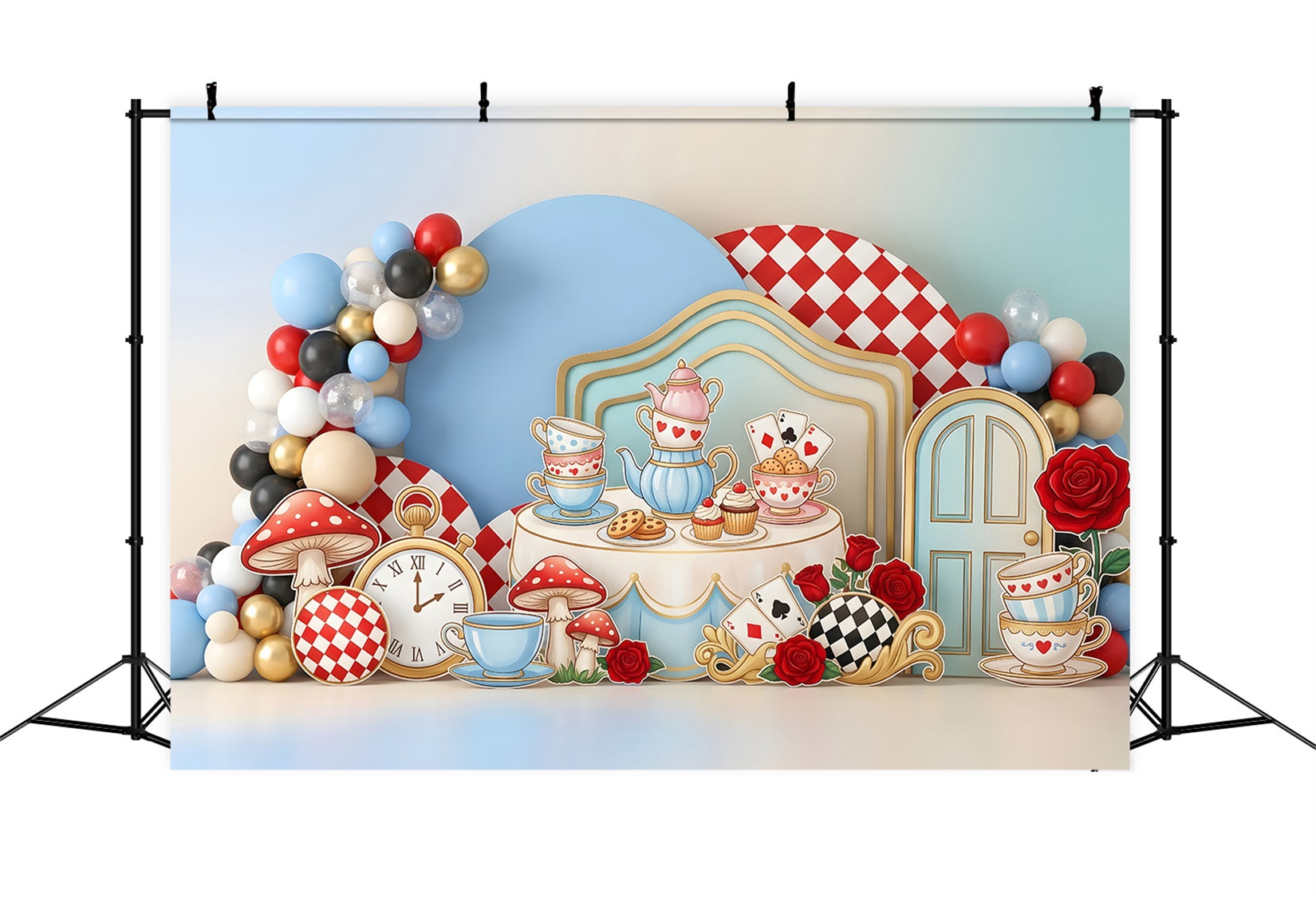 Toile de fond en tissu pour nouveau-né avec goûter du pays des merveilles et ballons CEM65-53
