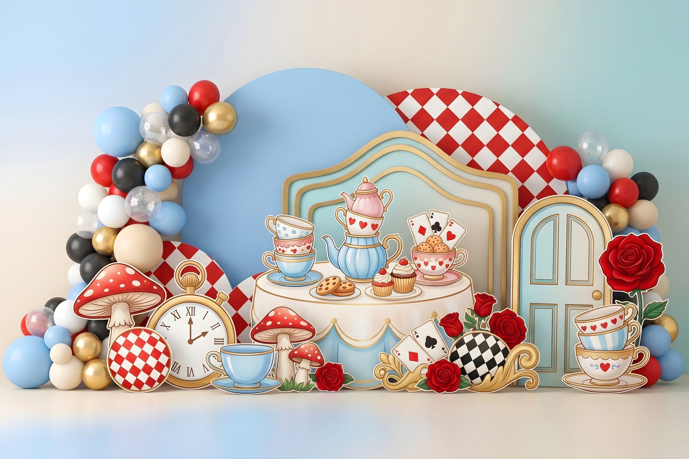 Toile de fond en tissu pour nouveau-né avec goûter du pays des merveilles et ballons CEM65-53