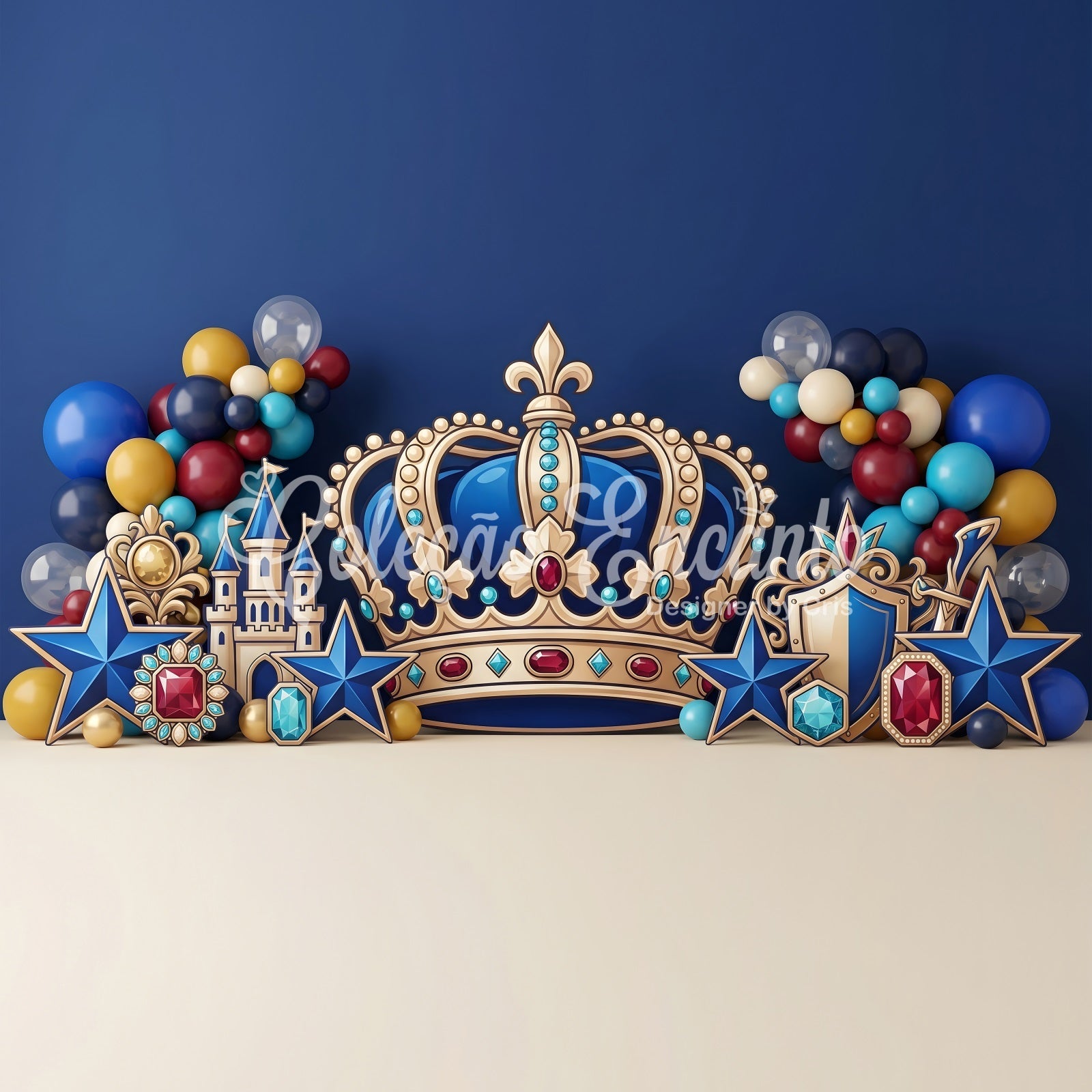 Toile de fond photo pour enfant avec château royal bleu et couronne CEM65-55