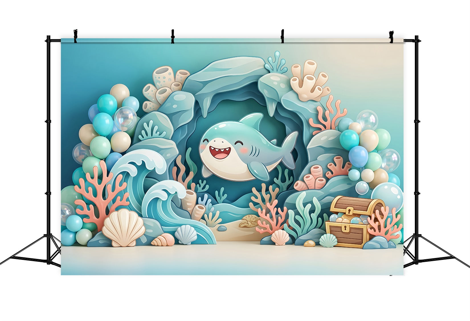 Toile de fond d’anniversaire pour enfant avec requin mignon océan coraux et trésor CEM65-56