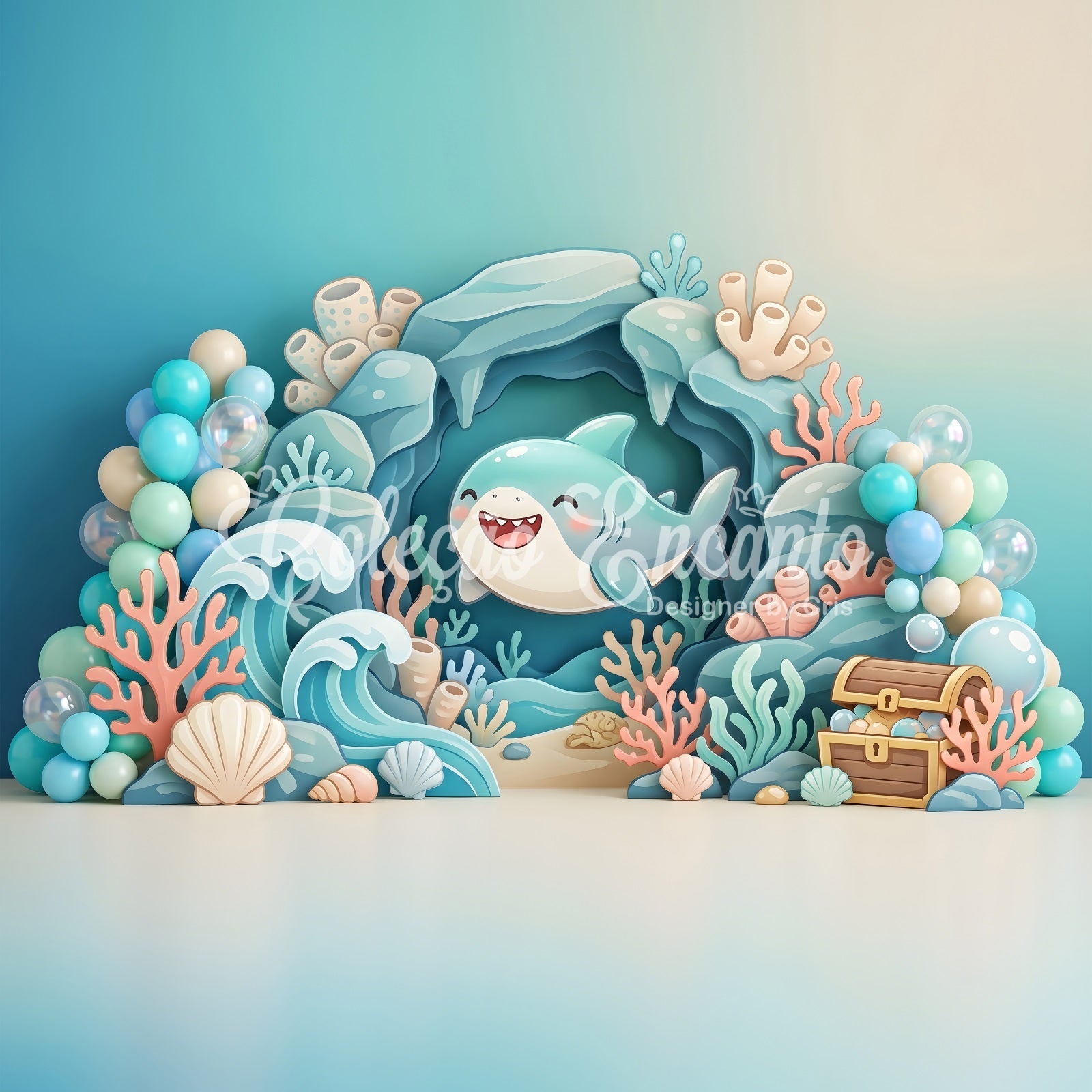 Toile de fond d’anniversaire pour enfant avec requin mignon océan coraux et trésor CEM65-56