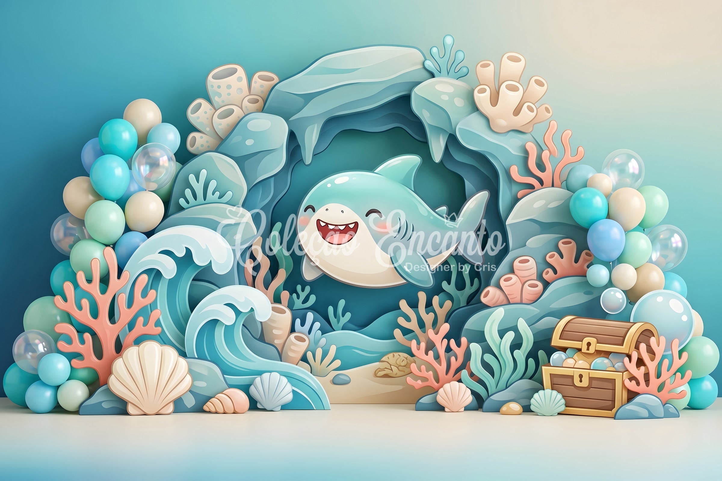 Toile de fond d’anniversaire pour enfant avec requin mignon océan coraux et trésor CEM65-56