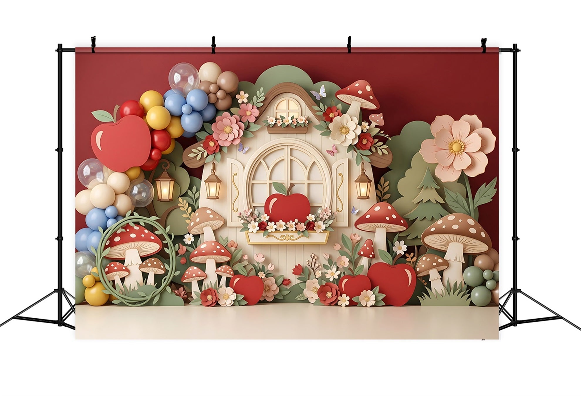 Toile de fond en tissu pour enfant avec pommes maison champignon ballons et jardin CEM65-61