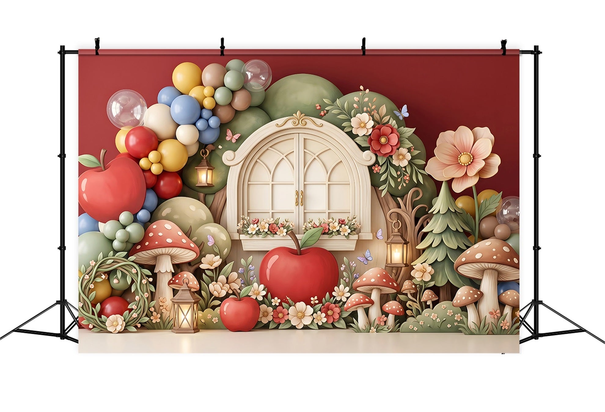 Toile de fond pour nouveau-né avec pommes fenêtre champignon lanterne et jardin CEM65-62