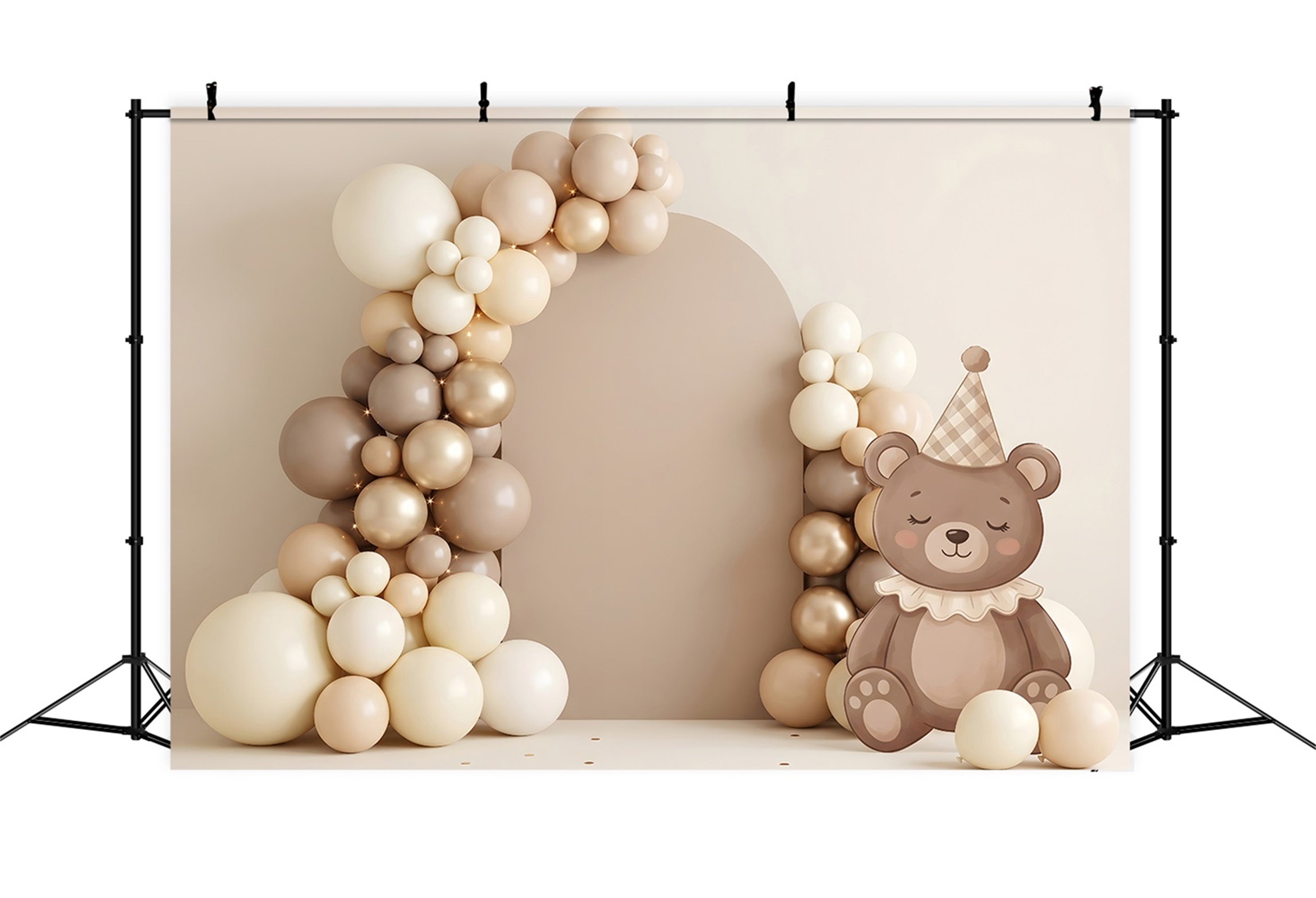 Toile de fond neutre pour nouveau-né avec ours en peluche et arche de ballons CEM65-64