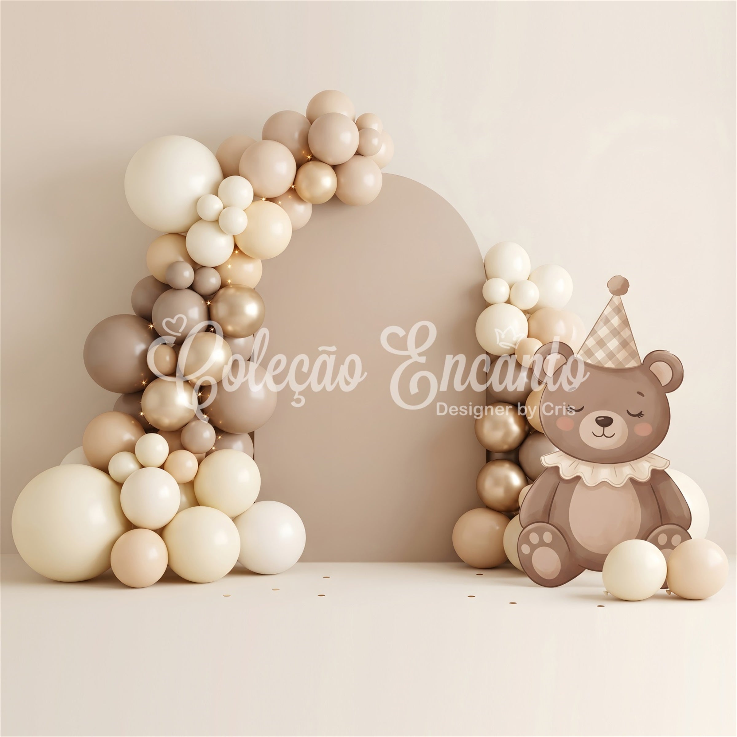 Toile de fond neutre pour nouveau-né avec ours en peluche et arche de ballons CEM65-64