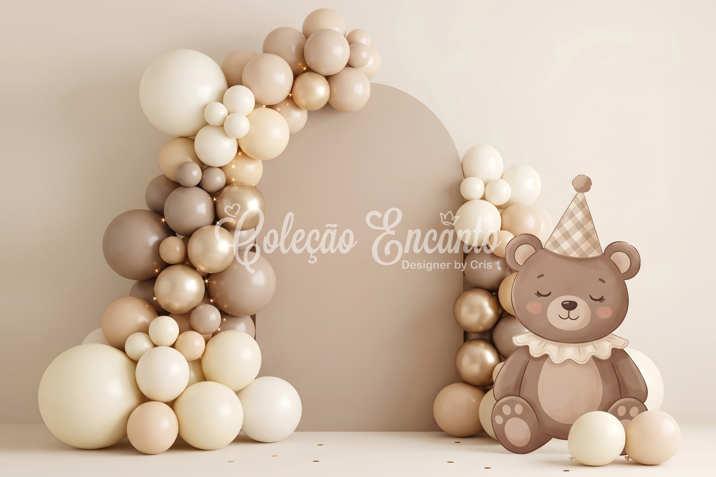 Toile de fond neutre pour nouveau-né avec ours en peluche et arche de ballons CEM65-64