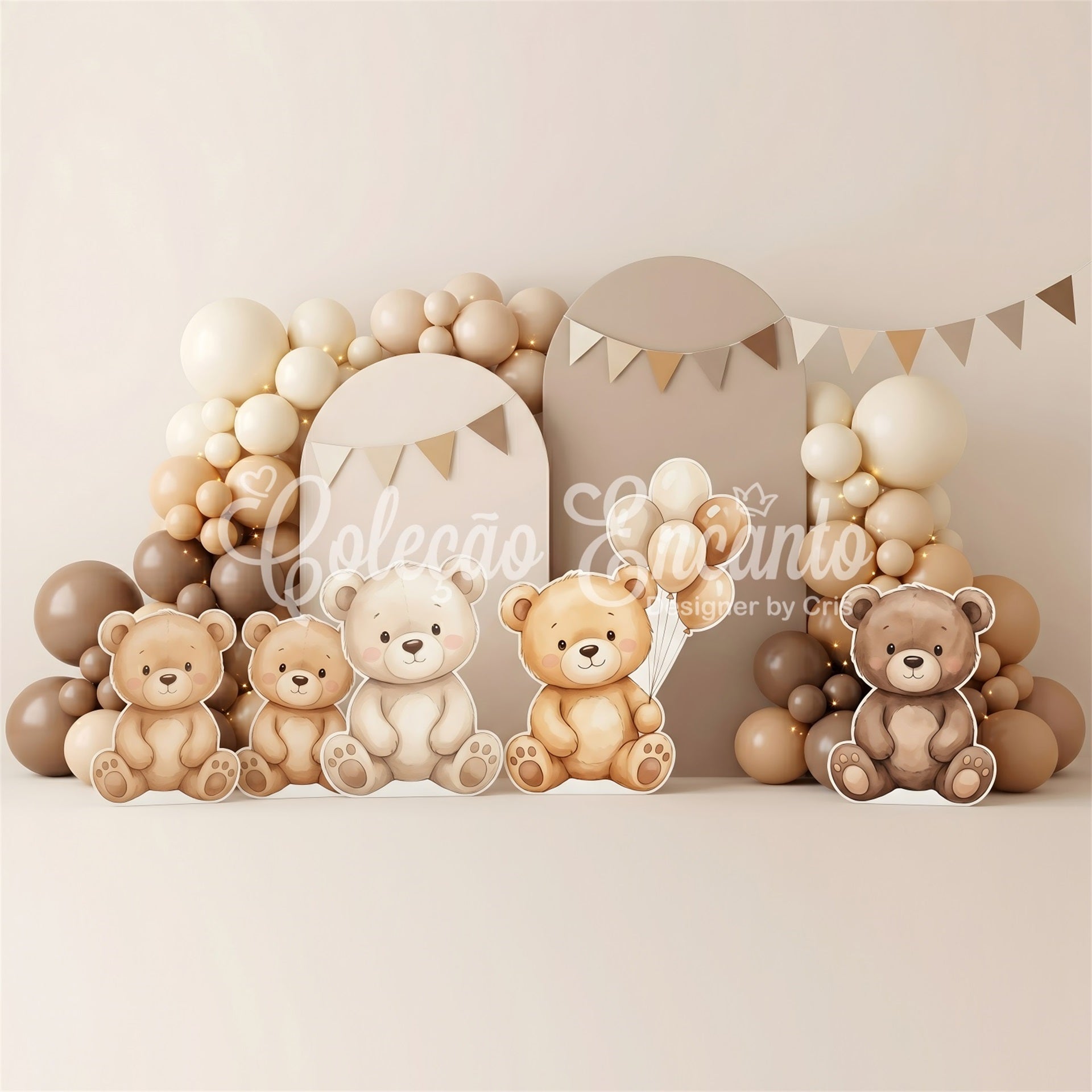 Toile de fond photo neutre pour enfant avec ours en peluche et arche de ballons CEM65-65