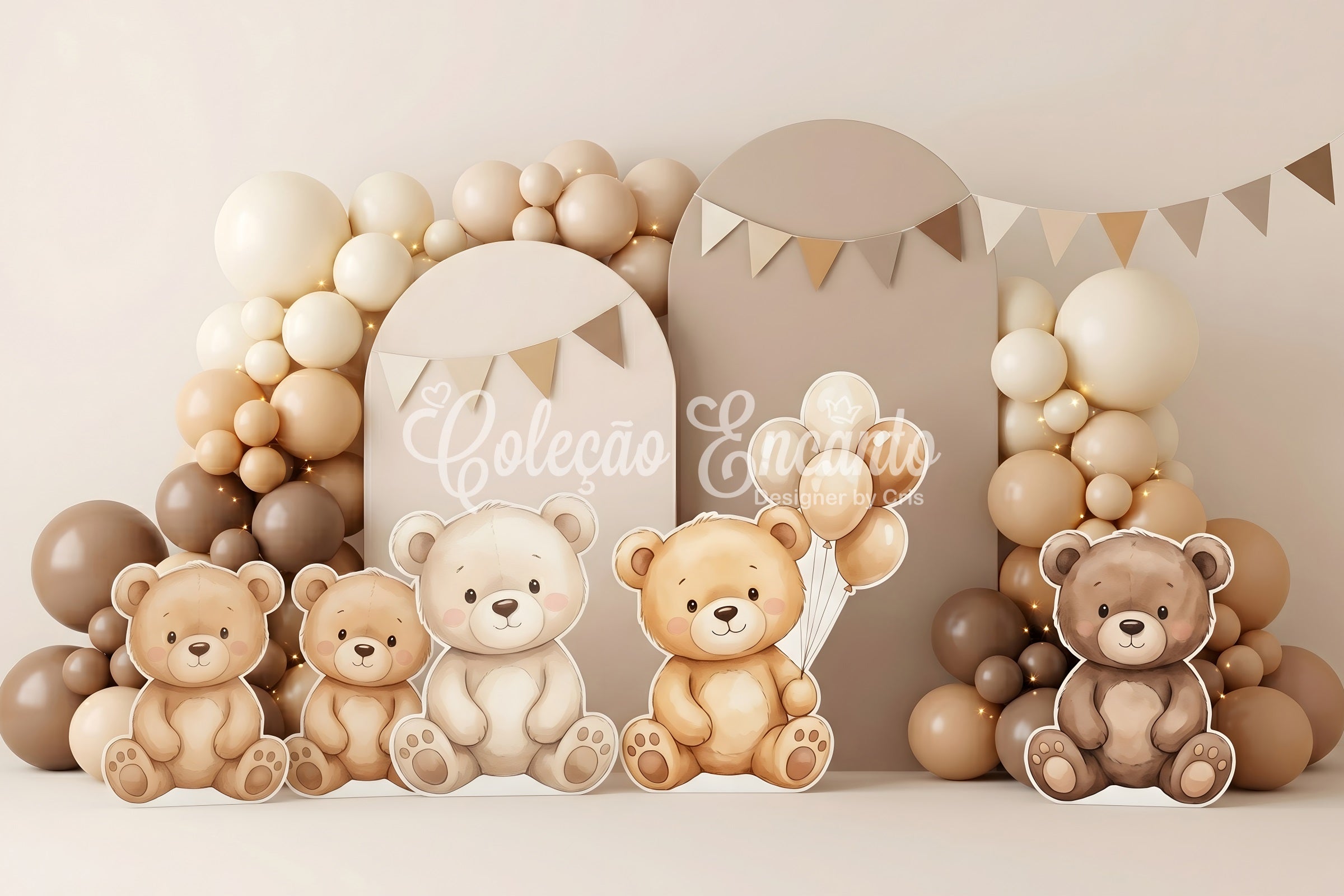 Toile de fond photo neutre pour enfant avec ours en peluche et arche de ballons CEM65-65