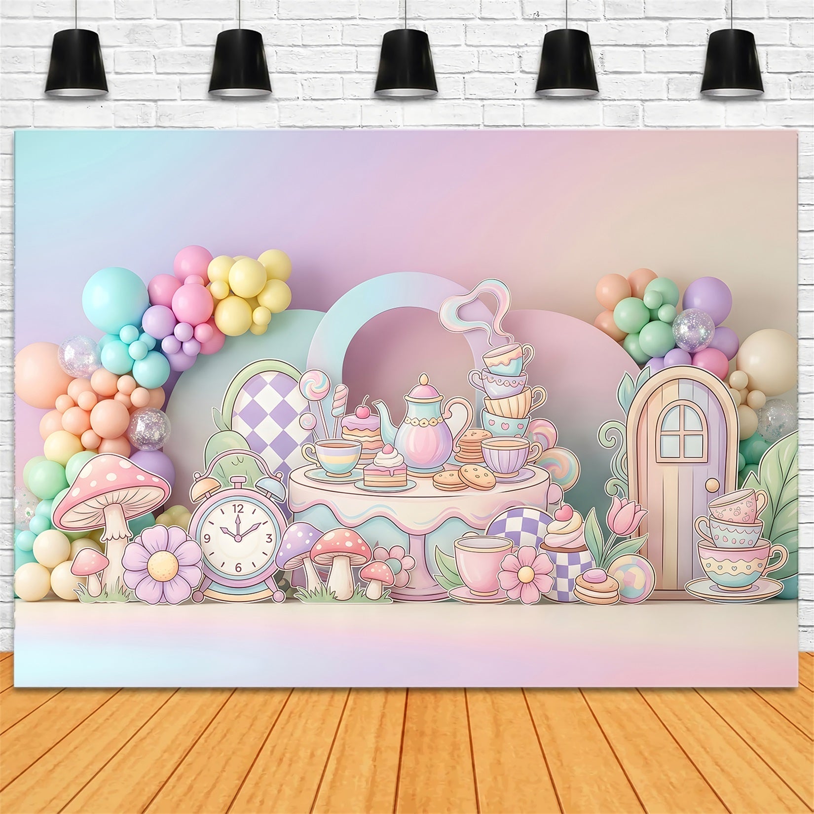 Toile de fond photo pour nouveau-né avec goûter pastel et jardin de champignons CEM65-68