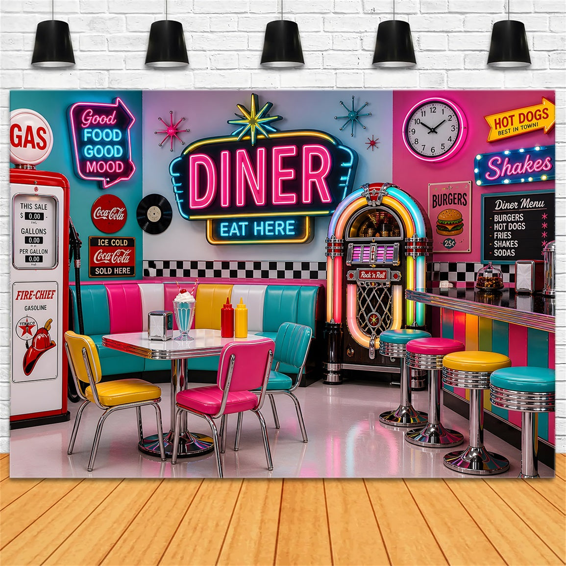 Toile de fond pour nouveau-né avec restaurant rétro lumineux et machine musicale ancienne CEM65-7