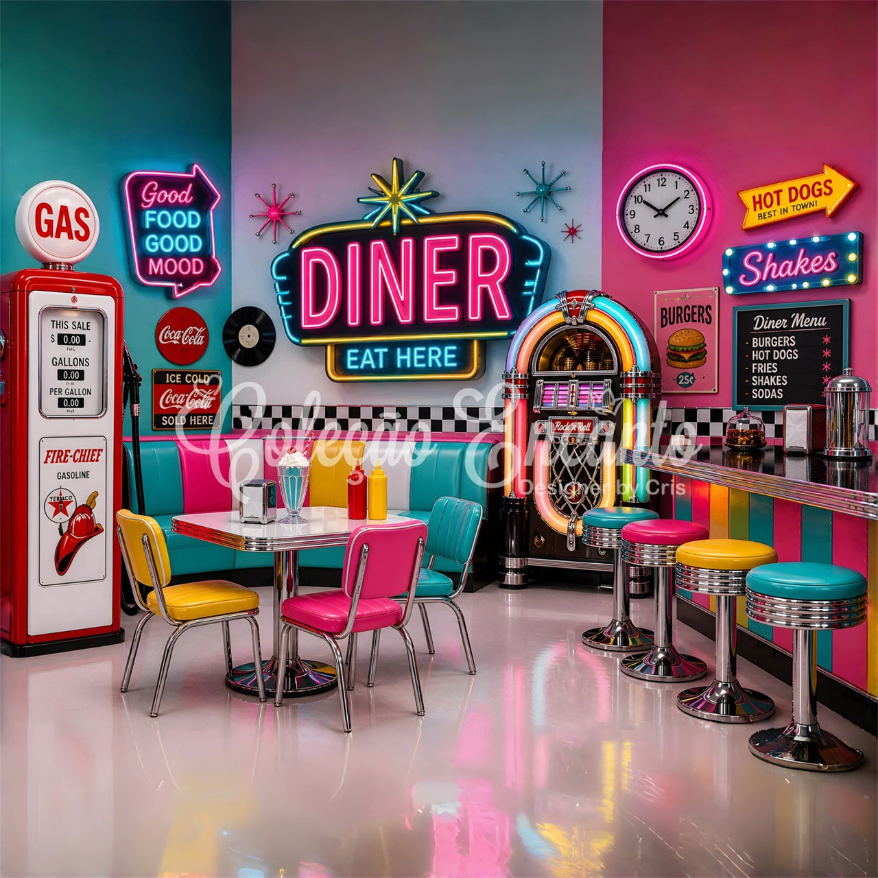 Toile de fond pour nouveau-né avec restaurant rétro lumineux et machine musicale ancienne CEM65-7