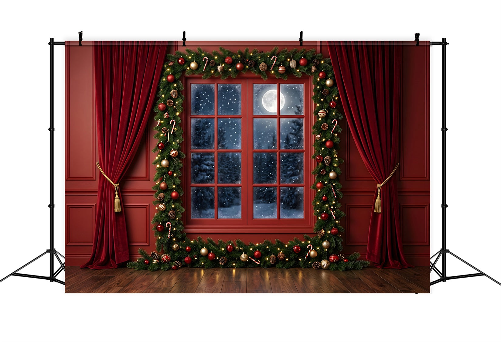 Toile de fond de Noël avec fenêtre rouge cramoisi au clair de lune et guirlande CEM65-77