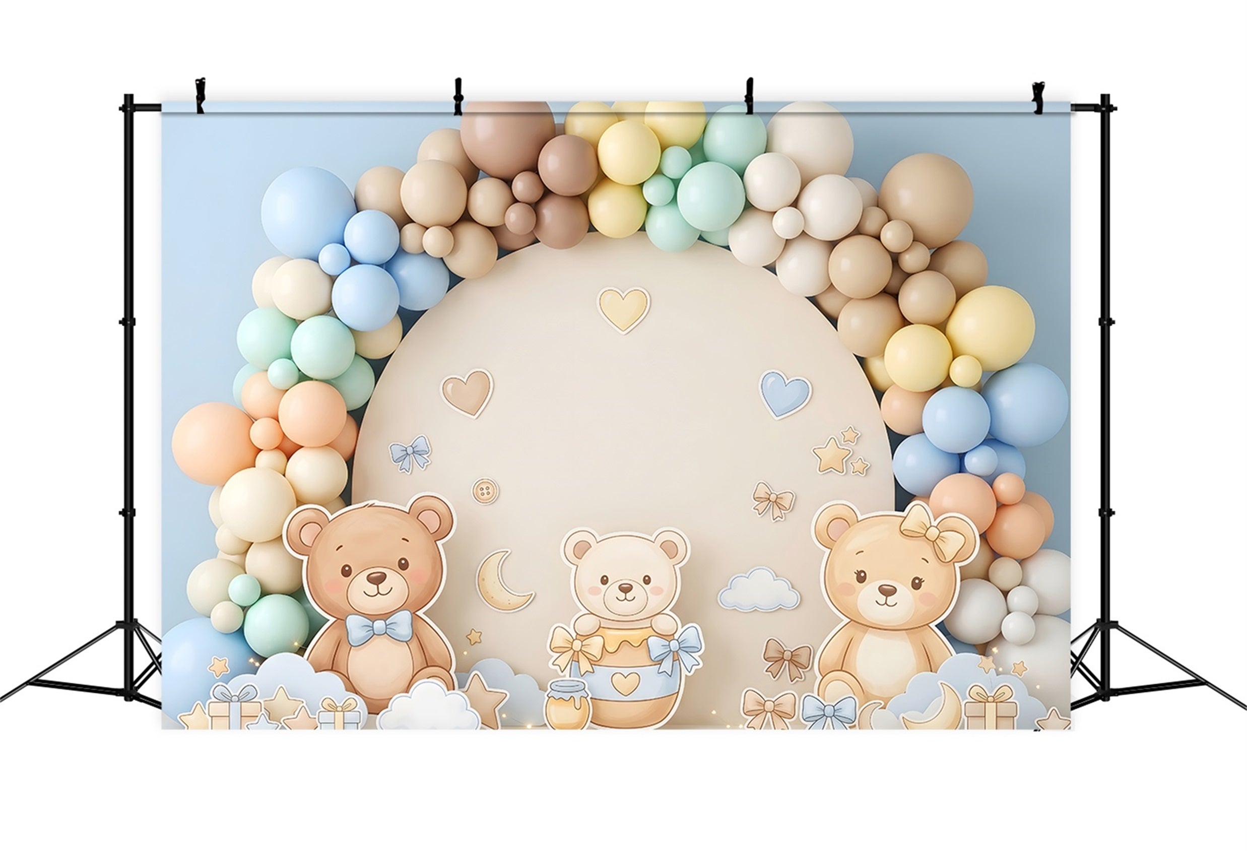 Toile de fond photo pour nouveau-né et enfant avec ours en peluche pastel et arche de ballons CEM65-8