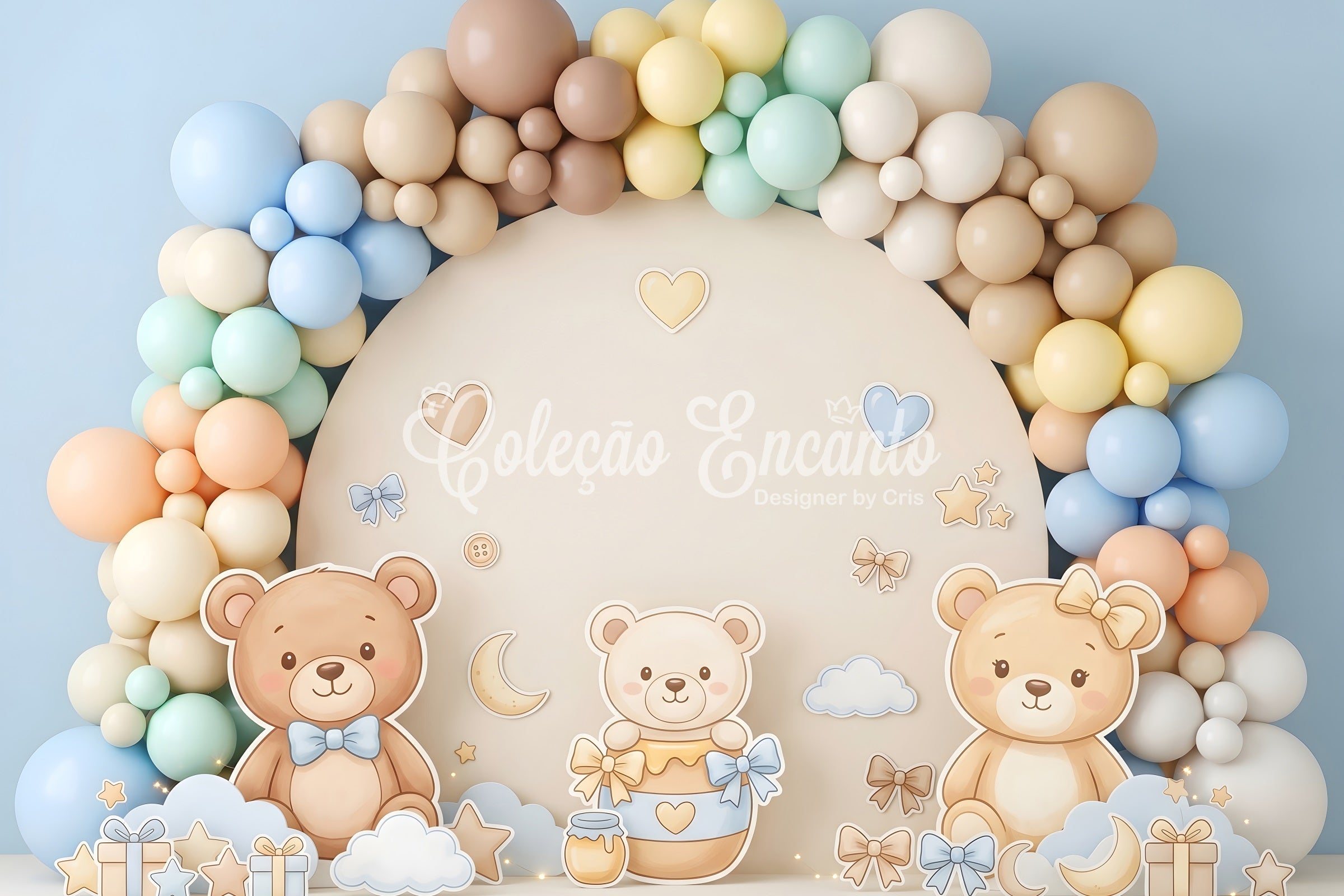 Toile de fond photo pour nouveau-né et enfant avec ours en peluche pastel et arche de ballons CEM65-8