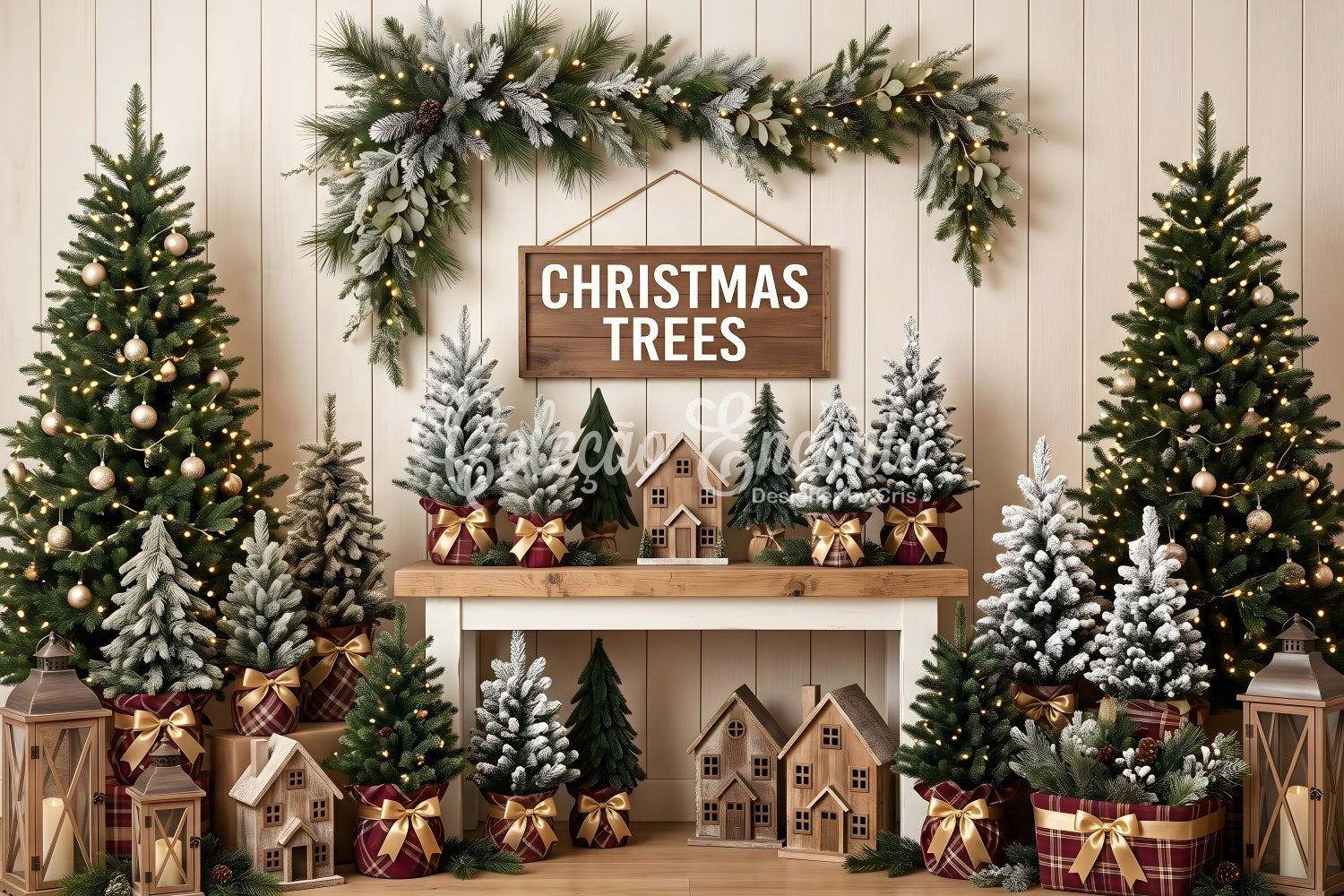 Toile de fond de Noël avec boutique de ferme sapin et manteau de cheminée CEM65-80
