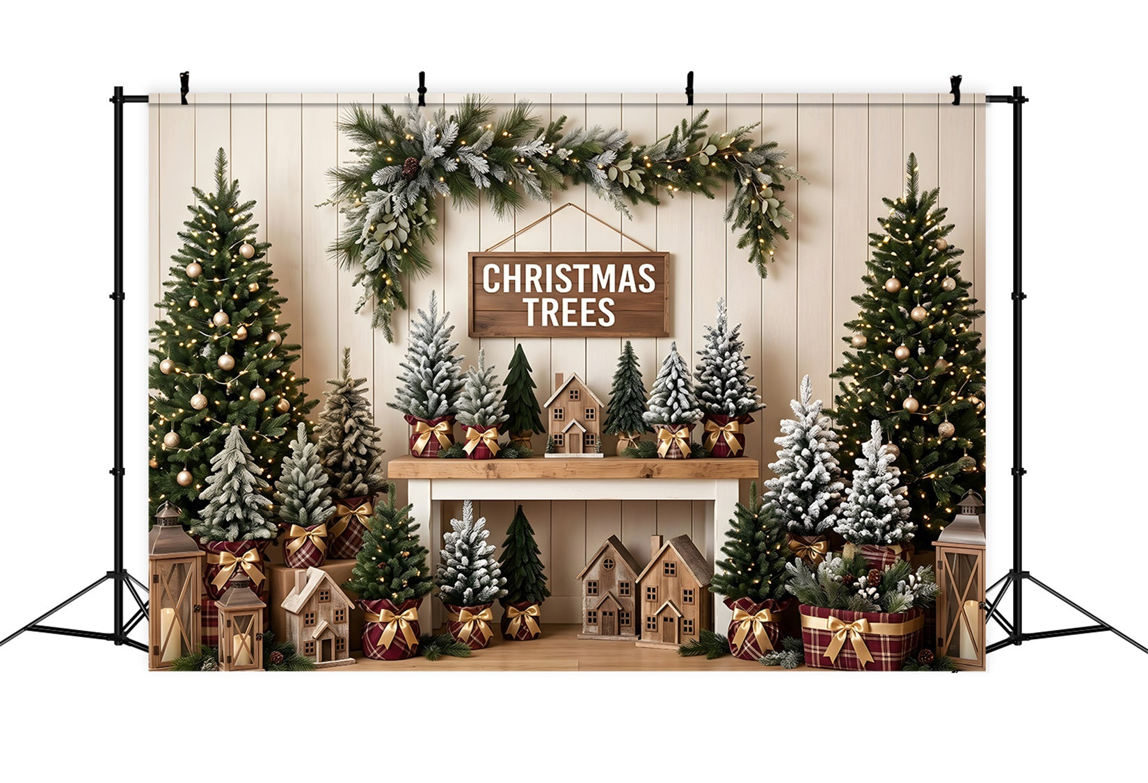 Toile de fond de Noël avec boutique de ferme sapin et manteau de cheminée CEM65-80