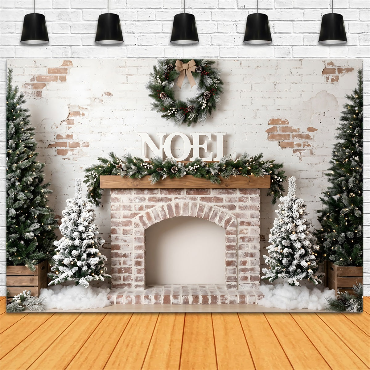 Toile de fond de Noël format 10 × 10 avec cheminée en briques givrées et couronne CEM65-81