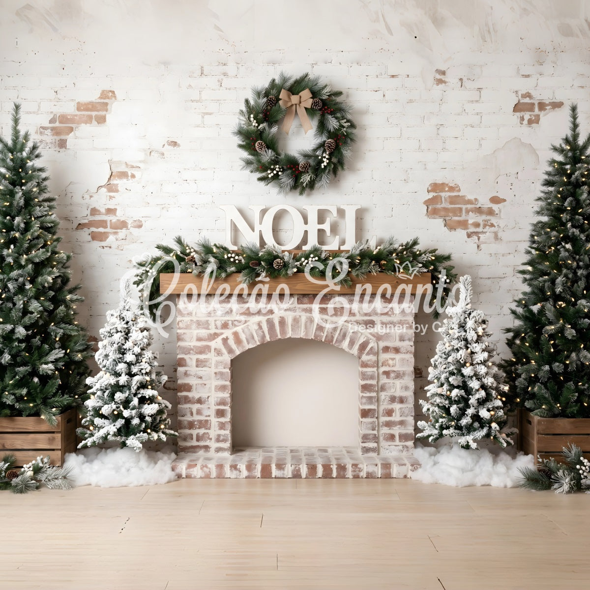 Toile de fond de Noël format 10 × 10 avec cheminée en briques givrées et couronne CEM65-81