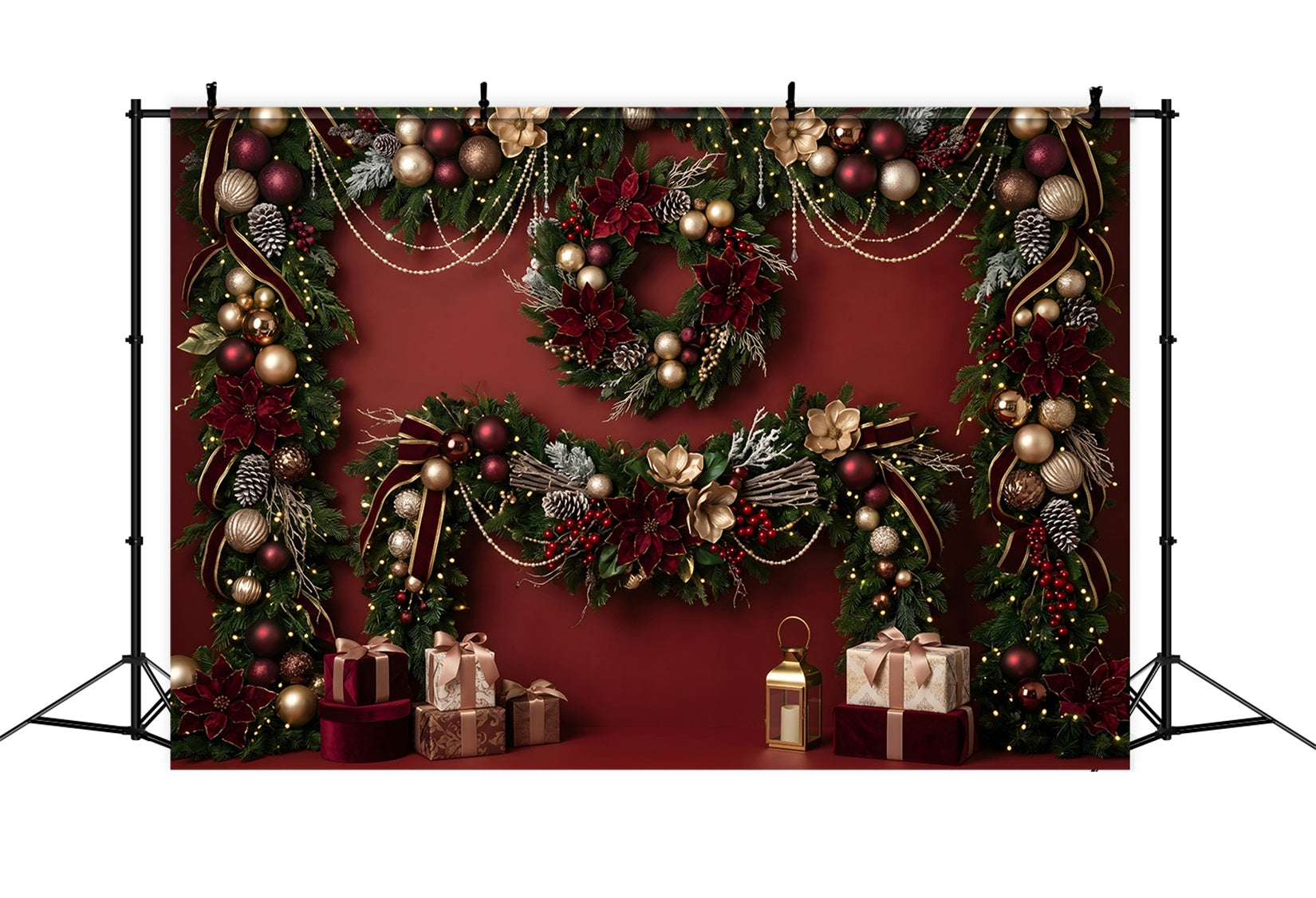 Toile de fond rouge de Noël avec poinsettias bordeaux guirlande et cadeaux CEM65-82