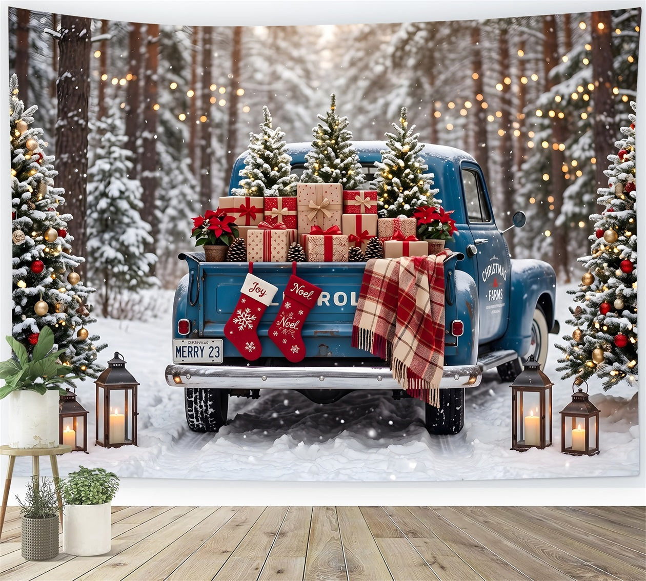 Toile de fond professionnelle de Noël avec camion bleu rétro et forêt enneigée CEM65-84