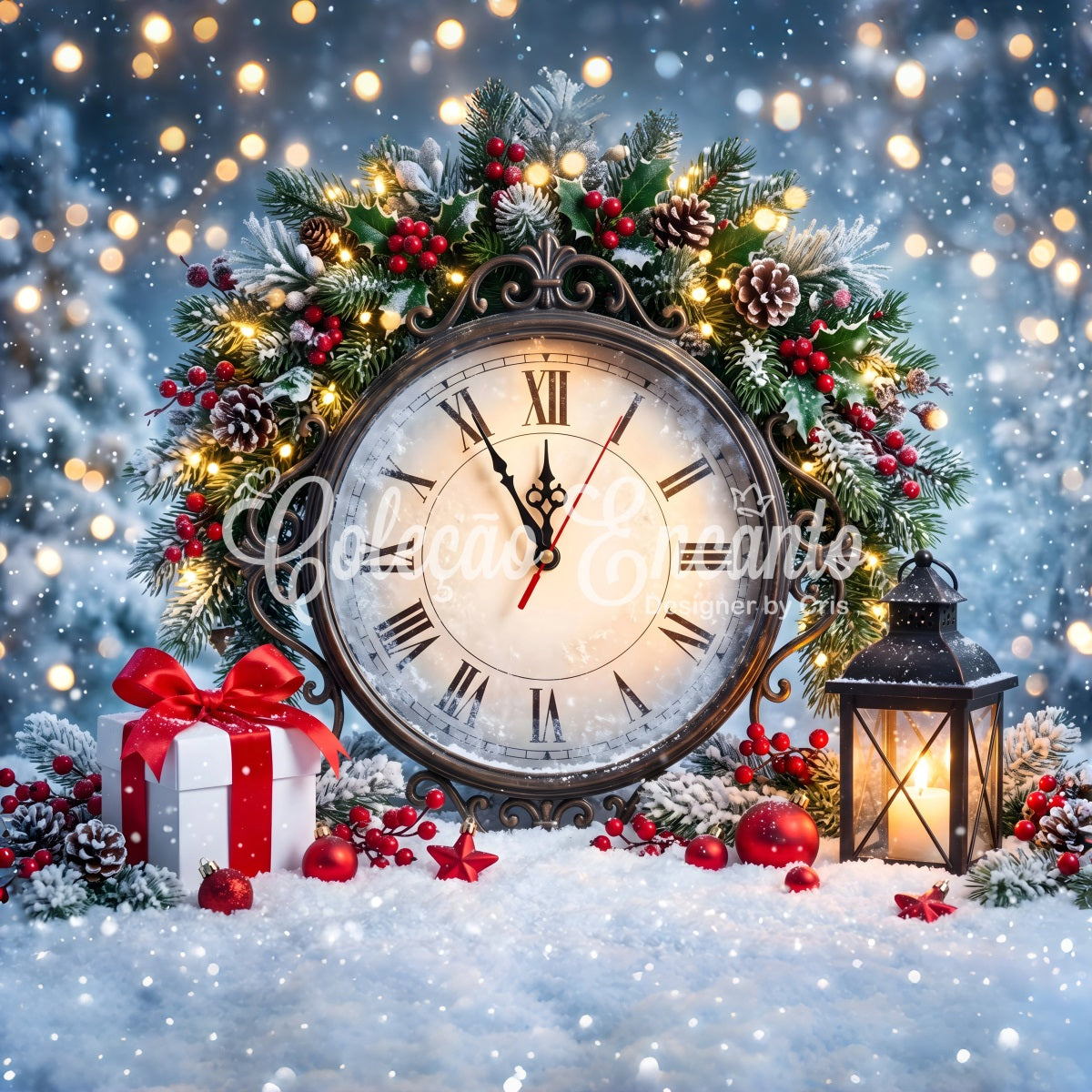 Toile de fond de Noël avec horloge de minuit enneigée couronne et lanterne CEM65-86