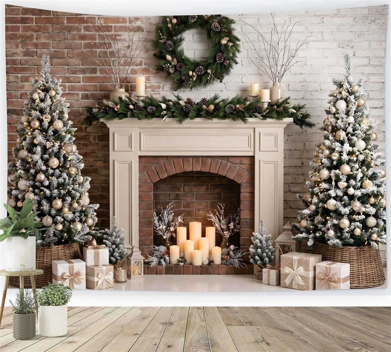 Toile de fond photo de Noël avec cheminée givrée bougies et sapins CEM65-88