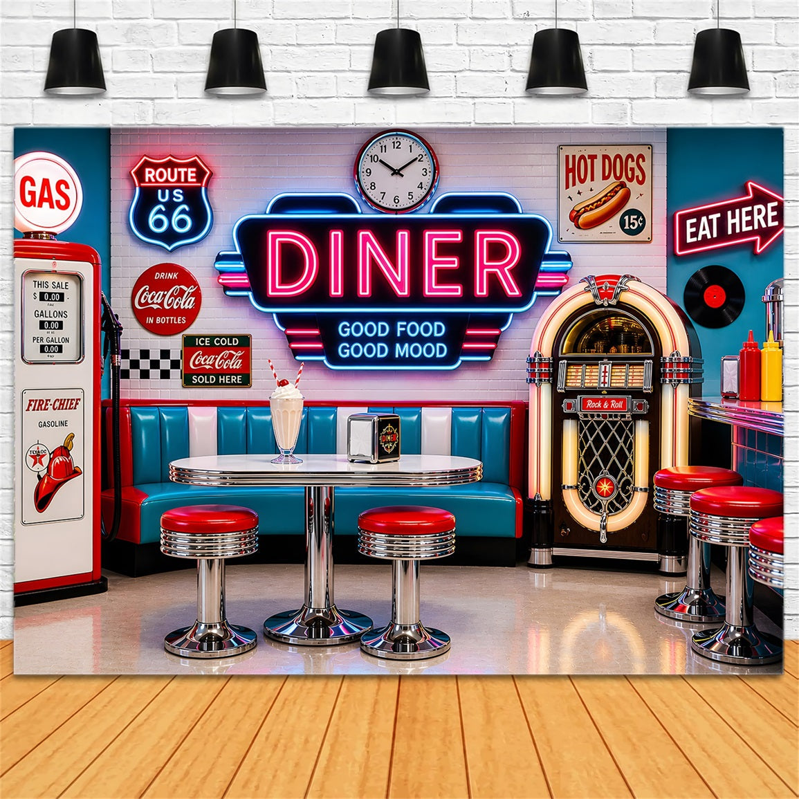 Toile de fond photo pour nouveau-né avec restaurant rétro lumineux banquette et machine musicale CEM65-9