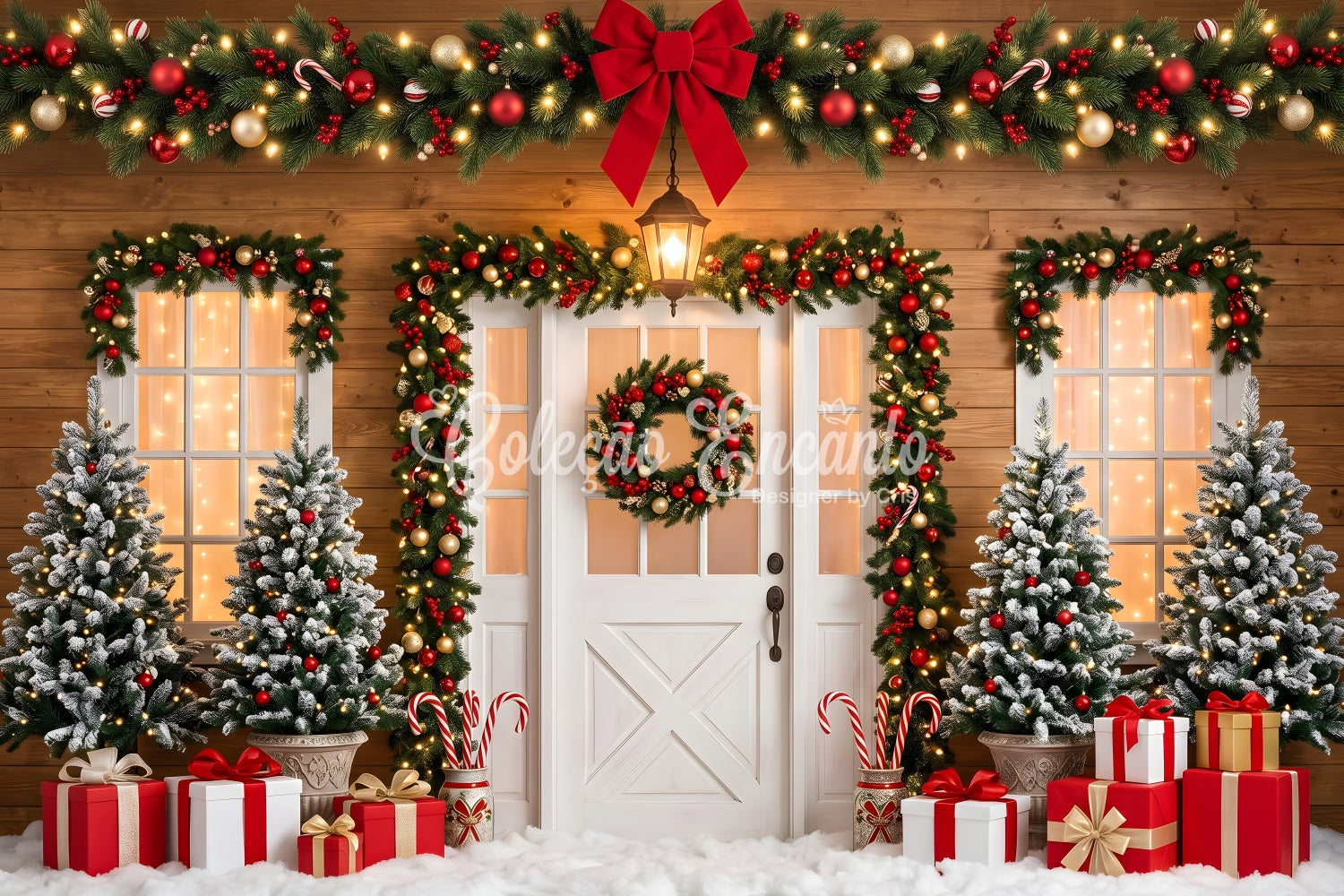Toile de fond de Noël avec porte ornée d’un nœud rouge guirlande et cadeaux CEM65-90