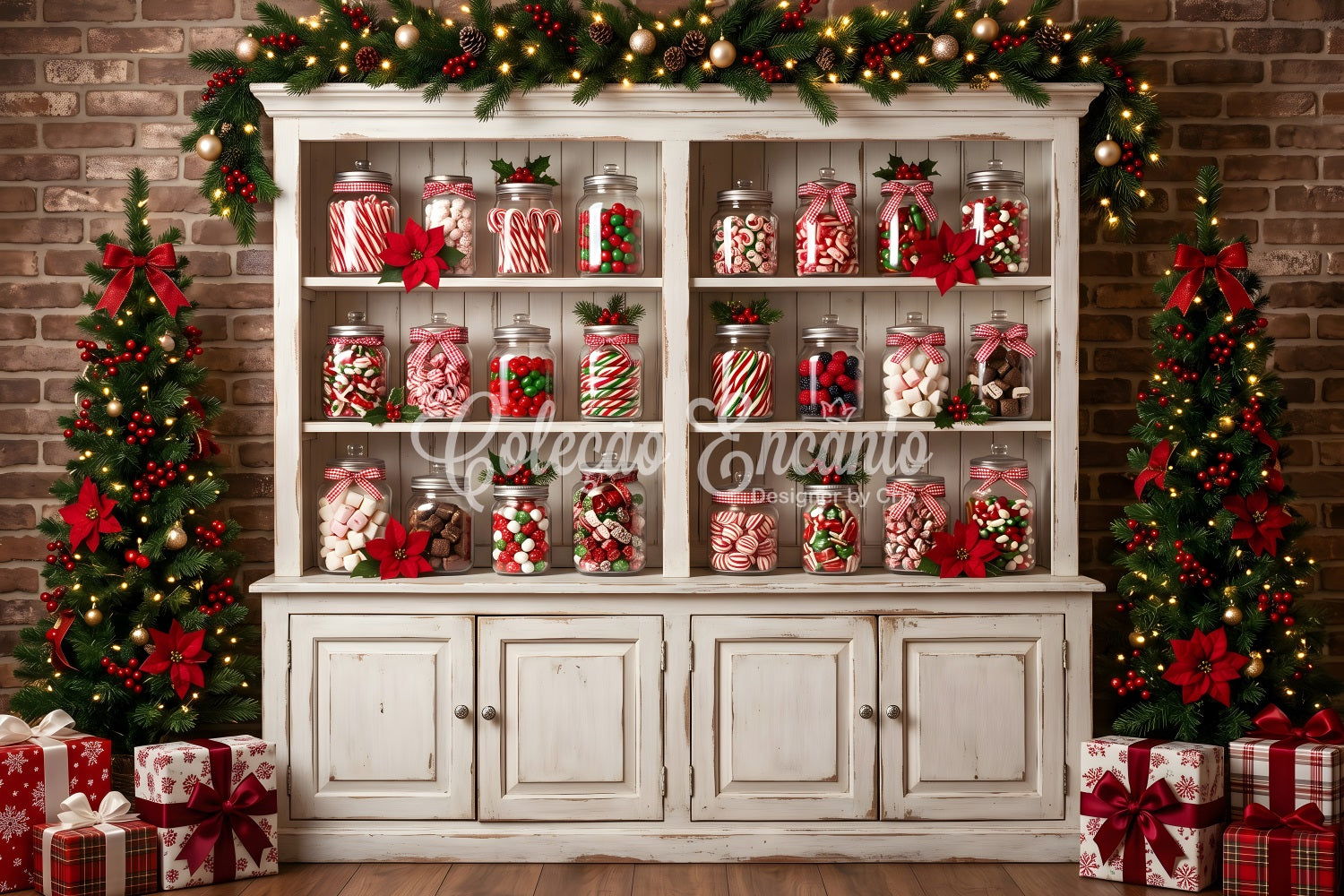 Toile de fond de Noël pour photomaton avec bocaux de bonbons armoire poinsettias et sapins CEM65-91