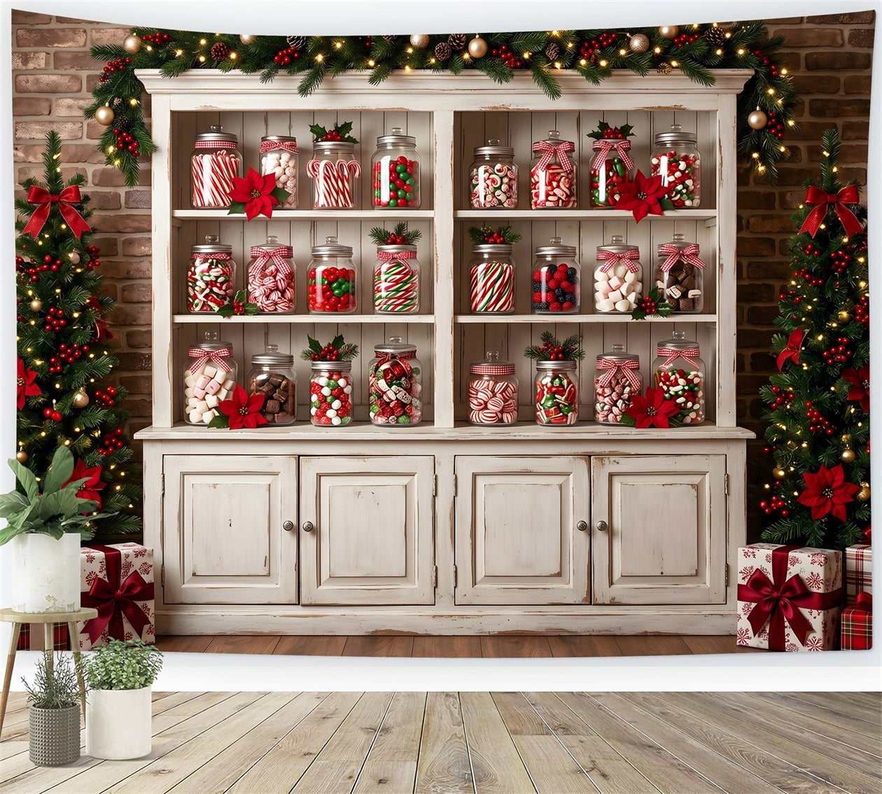 Toile de fond de Noël pour photomaton avec bocaux de bonbons armoire poinsettias et sapins CEM65-91