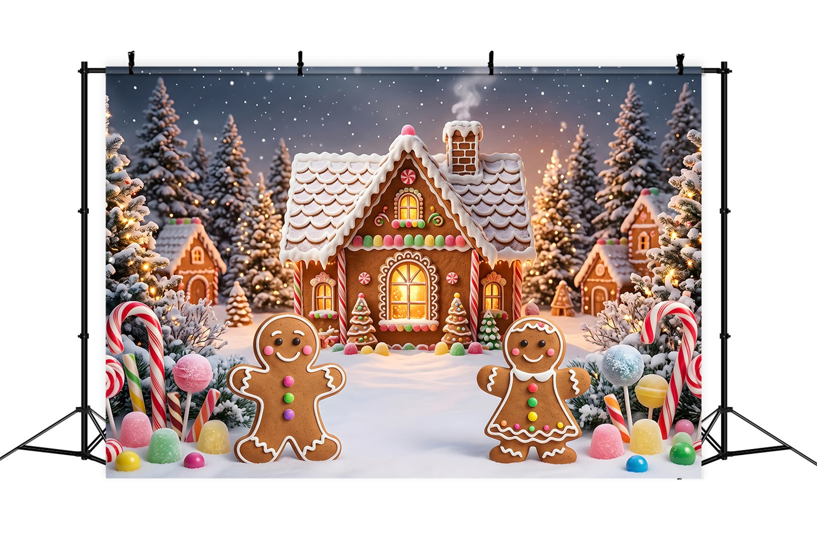 Toile de fond de village de Noël avec maison en pain d’épices et forêt enneigée CEM65-93