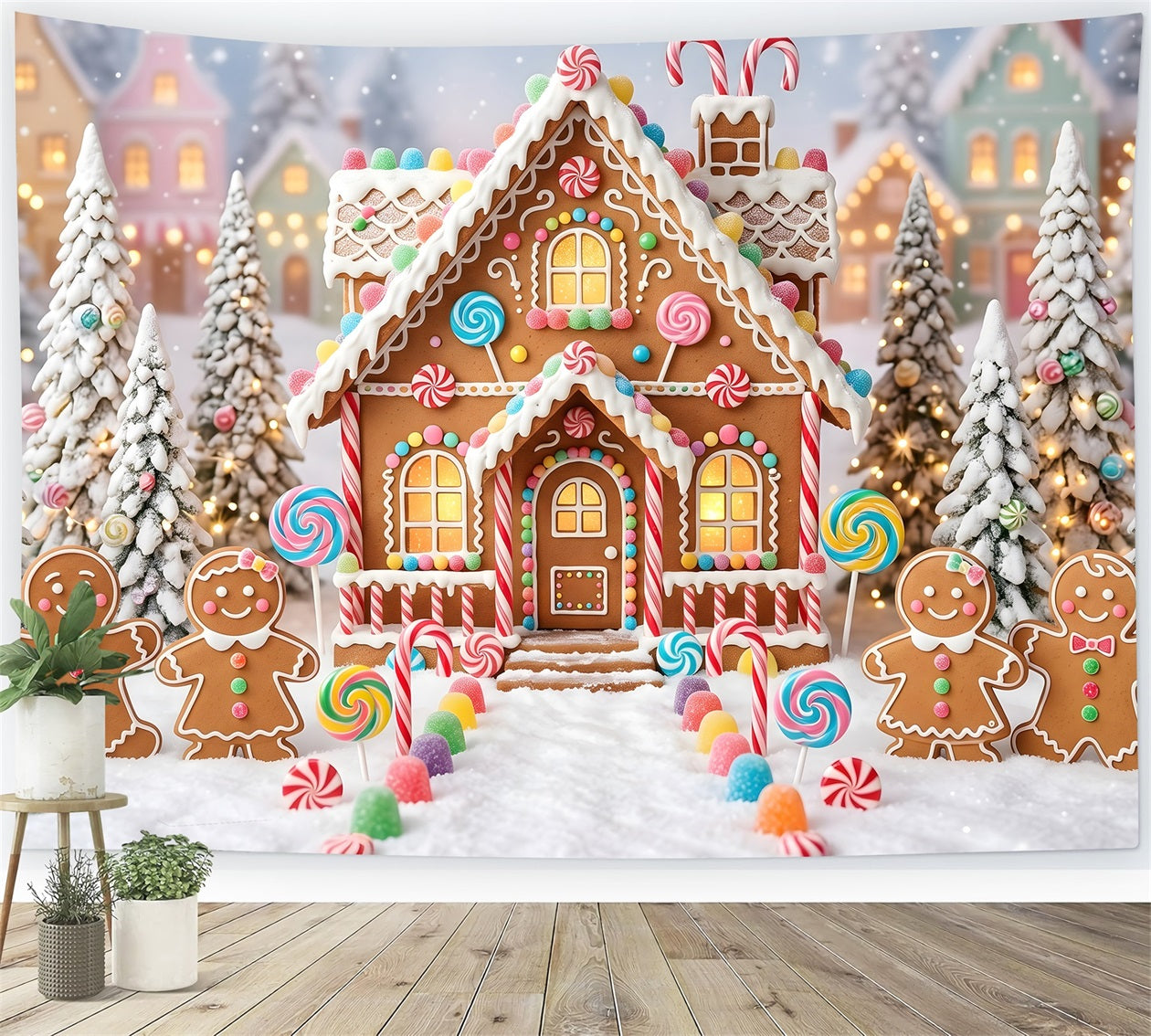 Toile de fond professionnelle de Noël avec village en pain d’épices et chemin enneigé CEM65-95