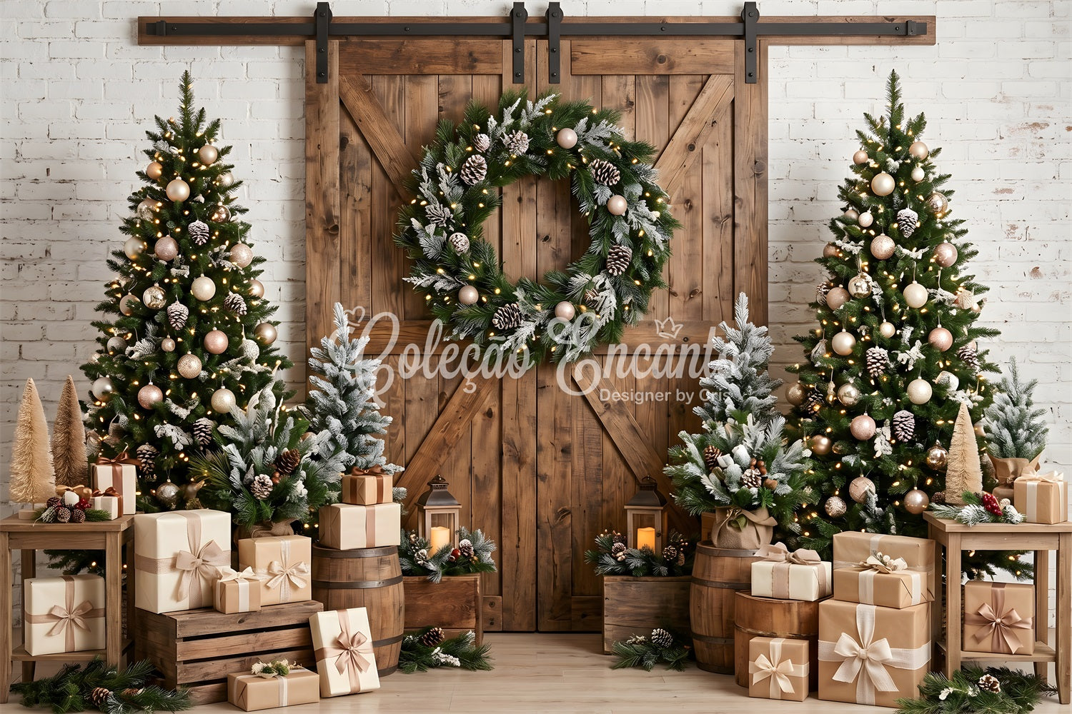 Toile de fond sur le thème de Noël avec porte de grange rustique couronne et sapins CEM65-97