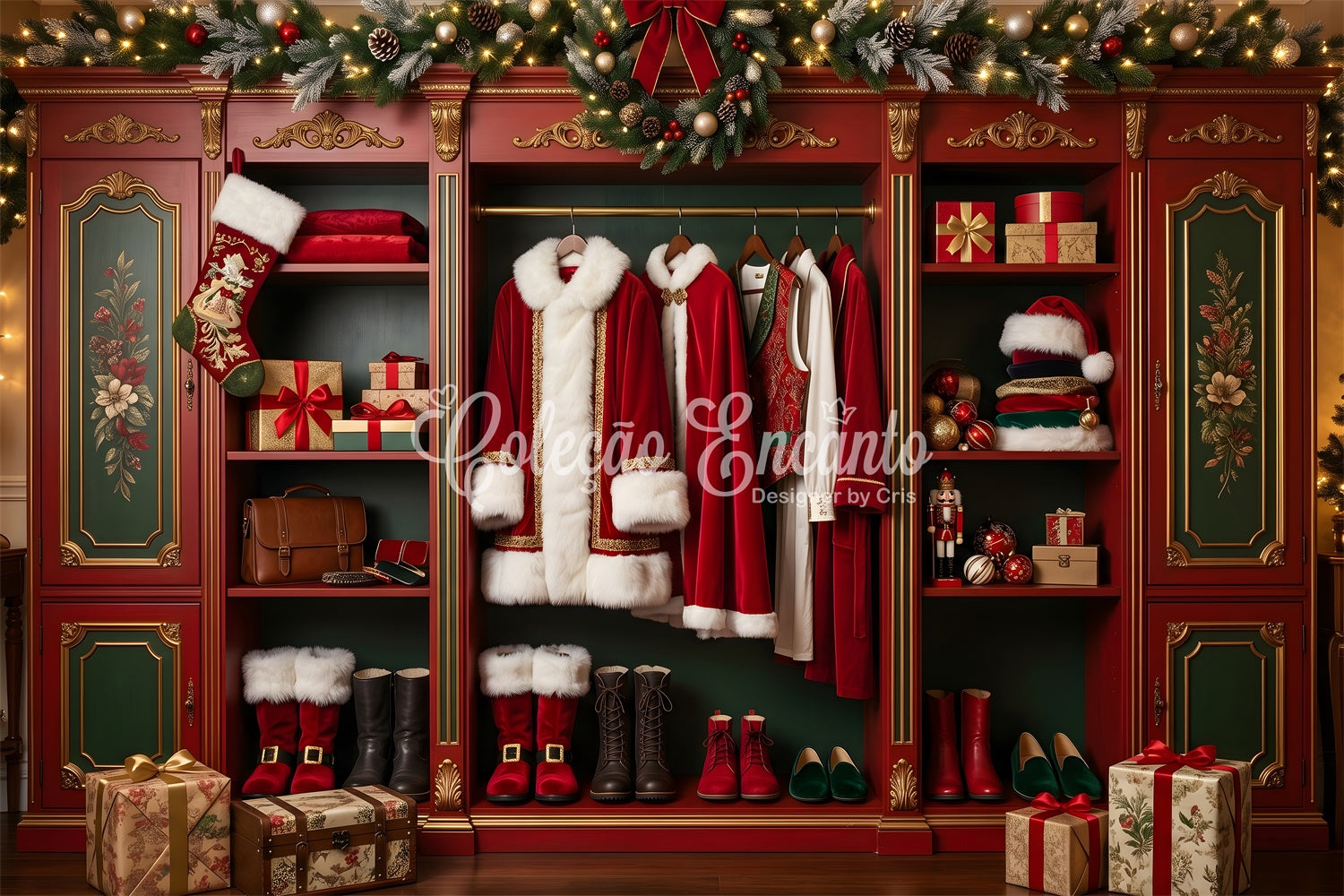 Toile de fond de Noël rétro avec armoire du Père Noël et cadeaux de fête CEM65-98
