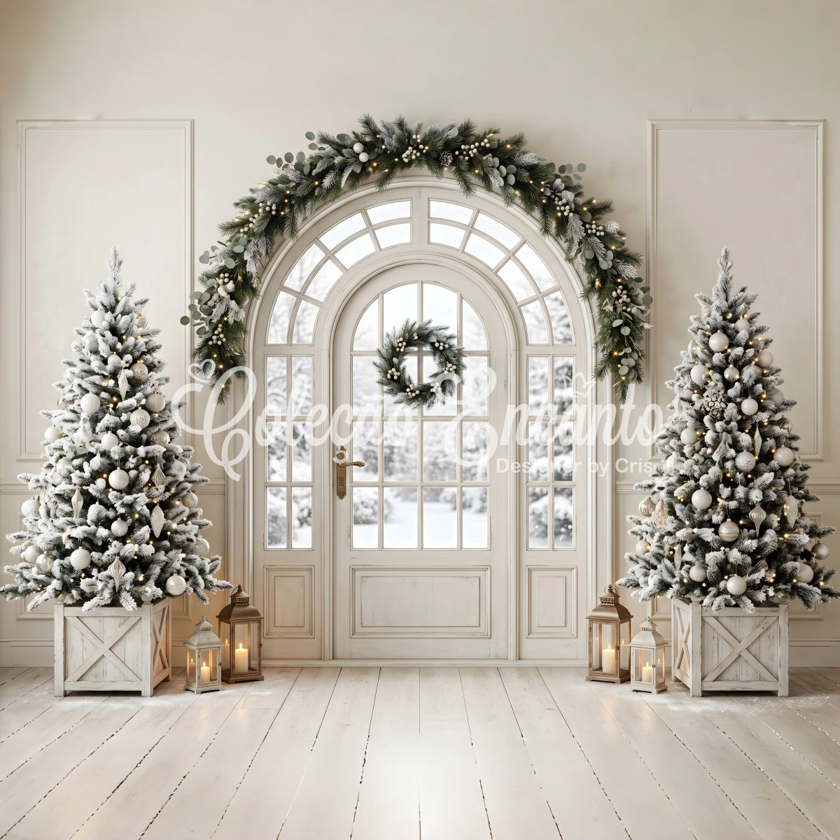 Toile de fond de salon de Noël avec porte givrée sapins et lanternes CEM65-99