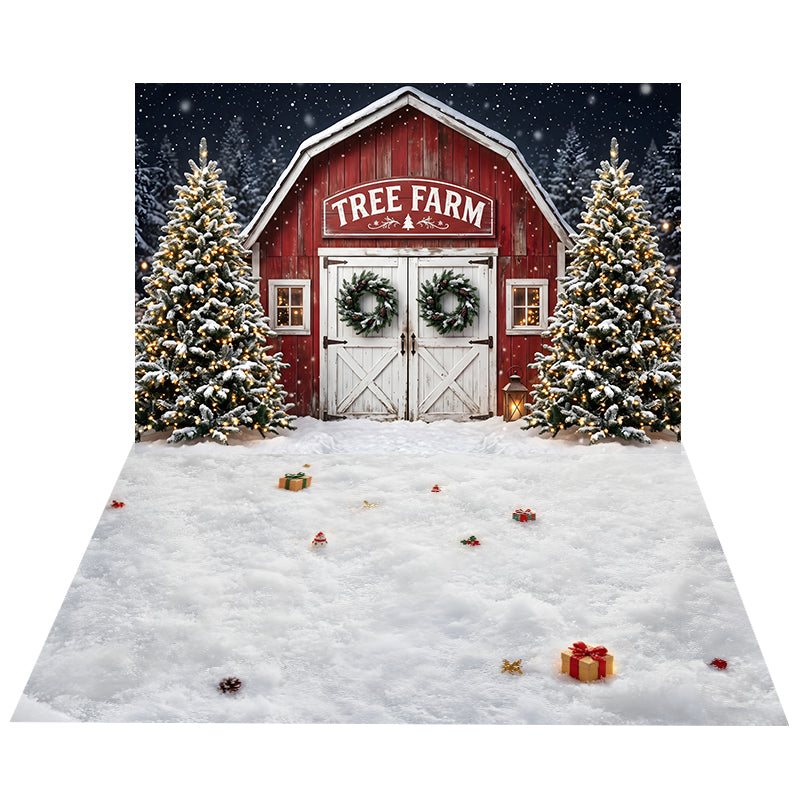 Toile de Fond Ferme de Sapins Enneigée avec Grange + Toile de Sol en Bois Rustique Foncé CEMCBS65-21