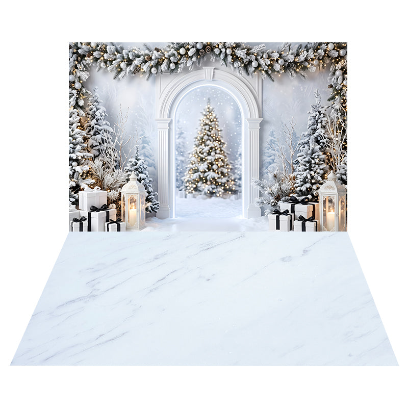 Toile de Fond Arche de Noël Blanche Enneigée + Toile de Sol Effet Marbre Veiné CEMCBS65-26