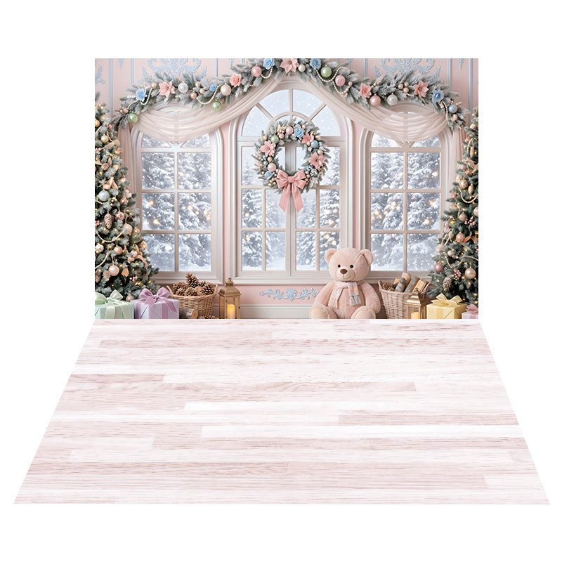 Toile de Fond Fenêtre Pastel avec Ourson + Toile de Sol en Bois Rose Poudré CEMCBS65-33