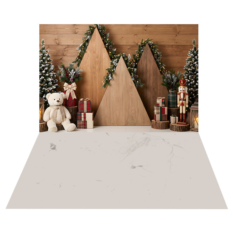 Toile de Fond Décoration de Sapin Rustique en Bois + Toile de Sol Marbre Crème Veiné CEMCBS65-34