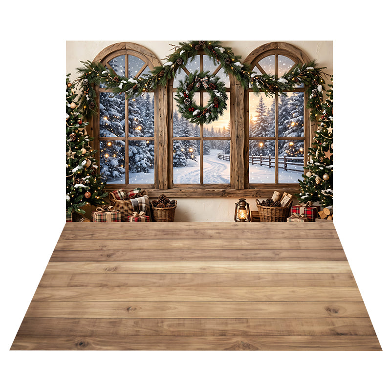 Toile de Fond Vue sur Fenêtre Cintrée Enneigée + Toile de Sol en Bois d’Érable Naturel CEMCBS65-35