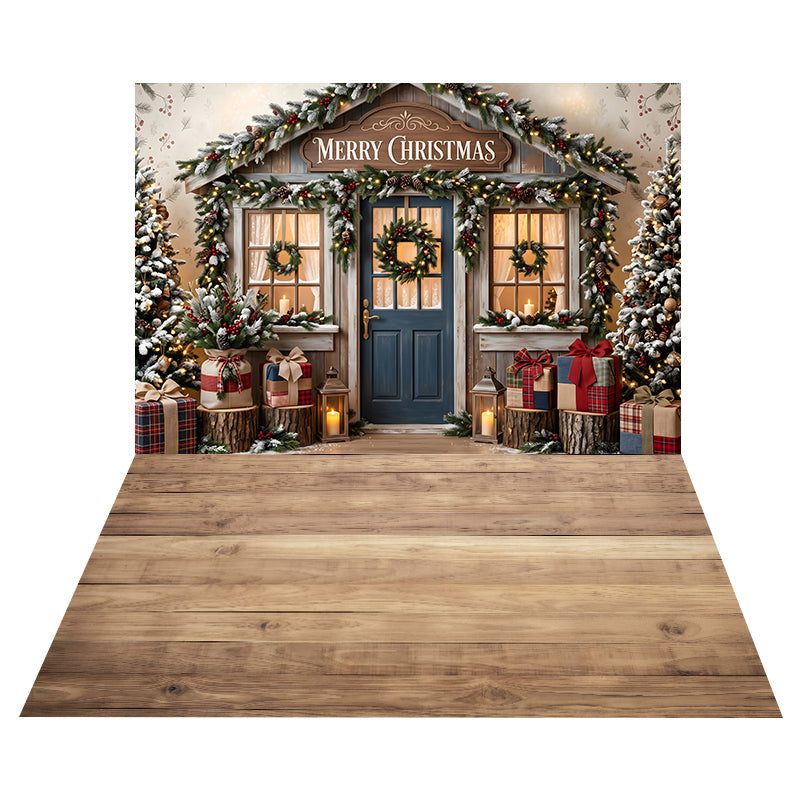 Toile de Fond Porte de Cottage de Noël Rustique + Toile de Sol en Bois d’Érable Naturel CEMCBS65-37