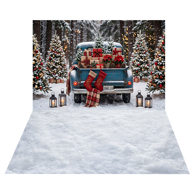 Toile de Fond Camion de Cadeaux Enneigé + Toile de Sol Texture Neige Douce CEMCBS65-7