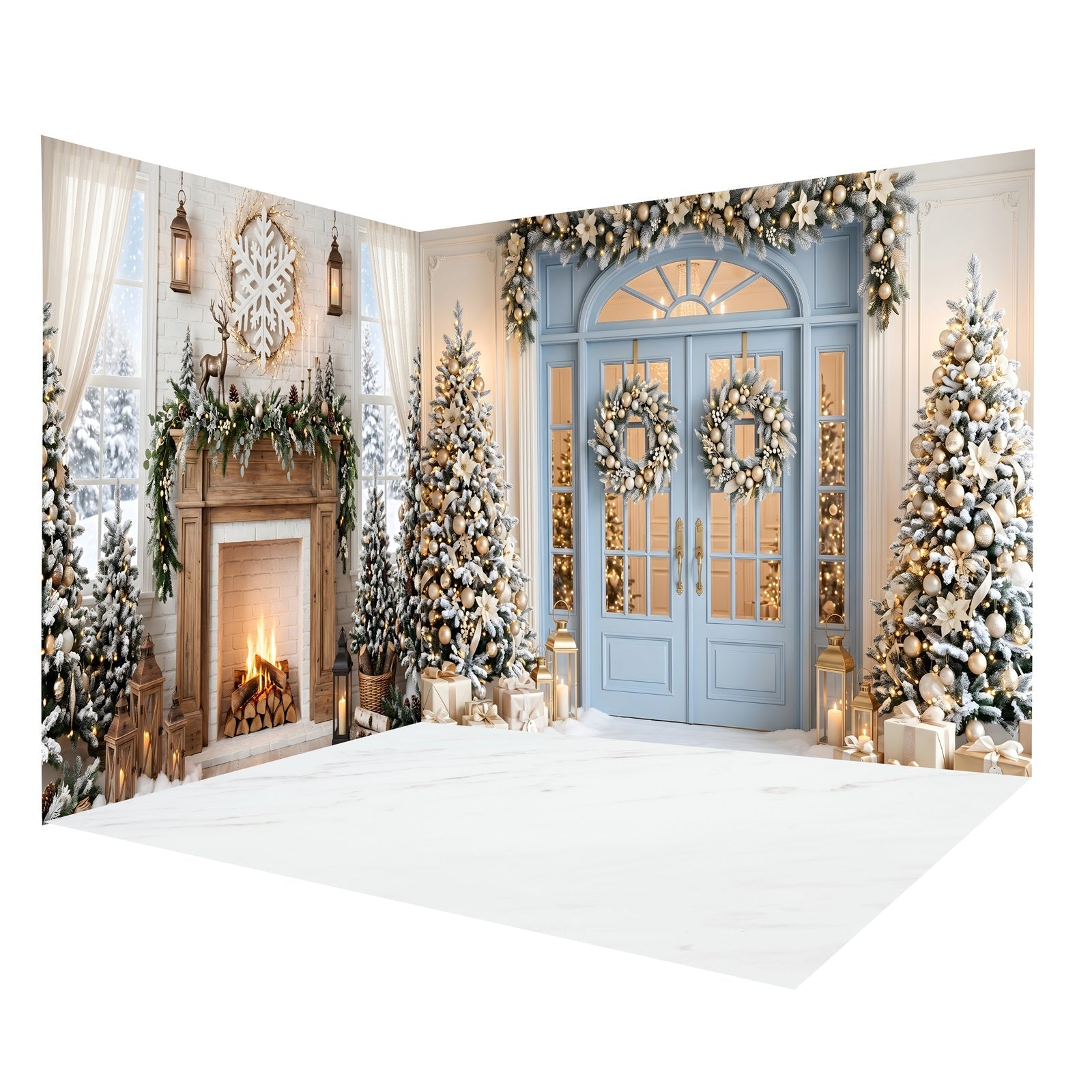 Toile de Fond de Noël Porte Bleue avec Cheminée Ensemble Décor de Studio CEMRMS65-12