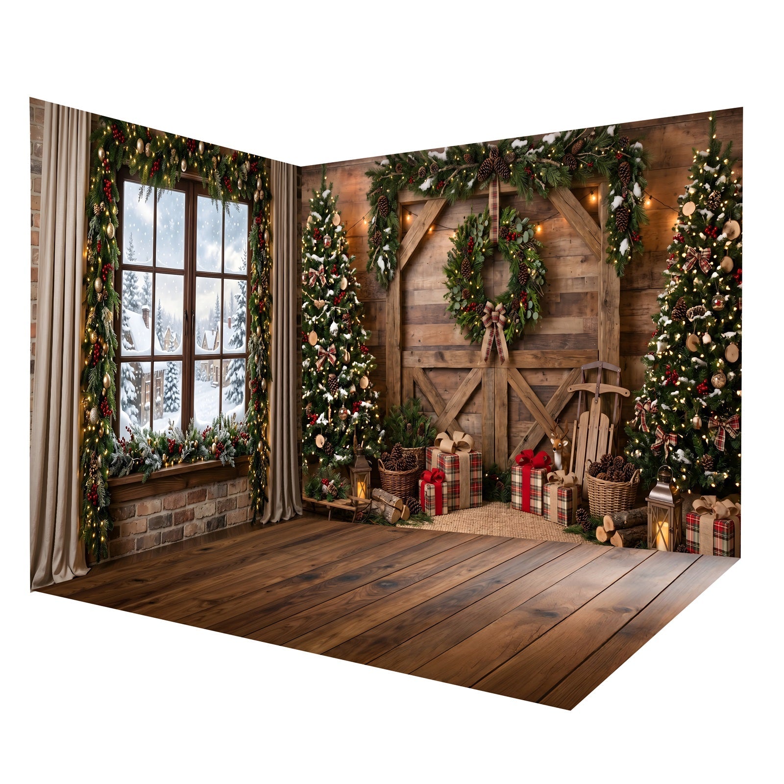 Toile de Fond de Noël Fenêtre de Grange Rustique Ensemble Décor de Studio CEMRMS65-14