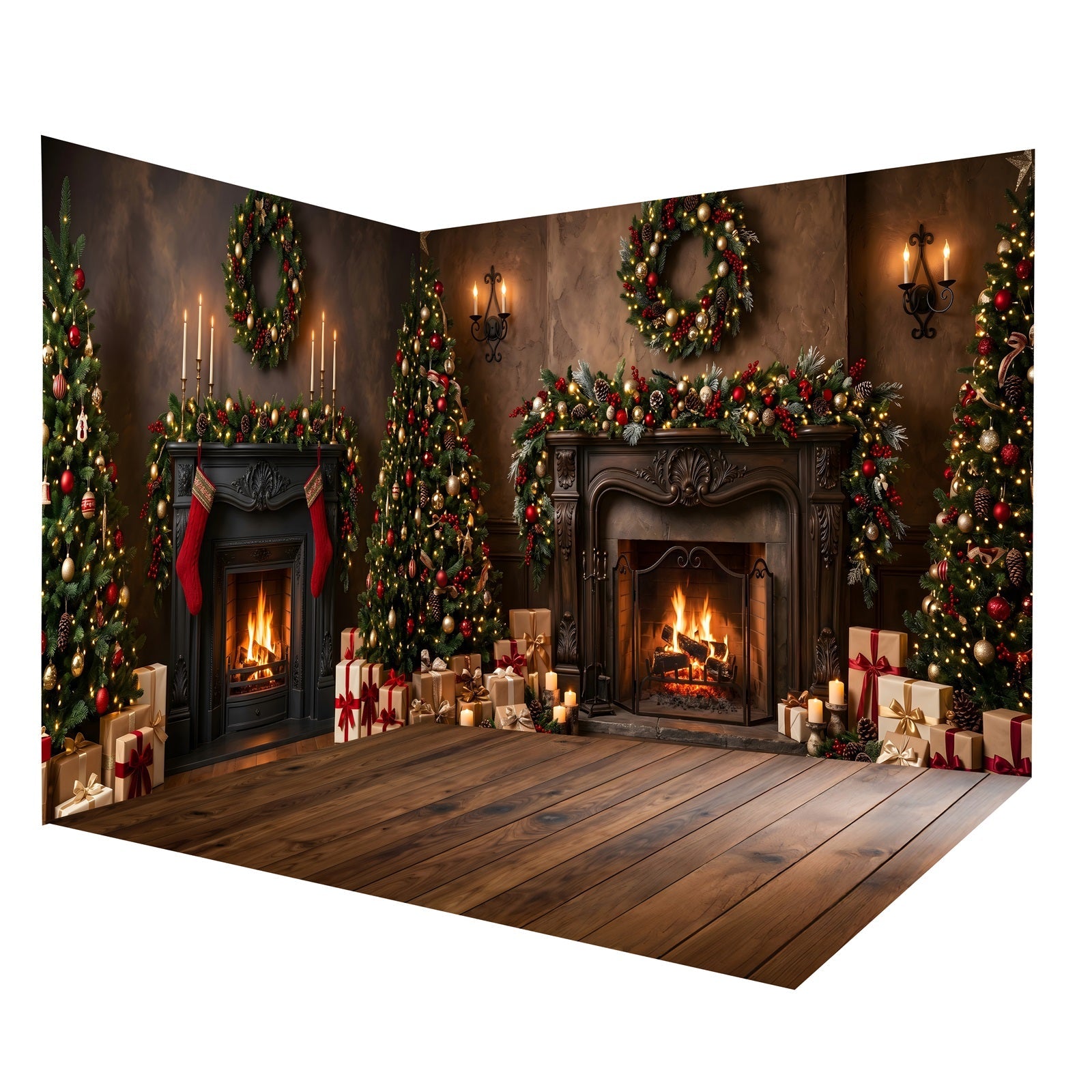 Toile de Fond Photo de Noël Cheminée Chaleureuse avec Manteau Décoré Ensemble Décor de Studio CEMRMS65-17