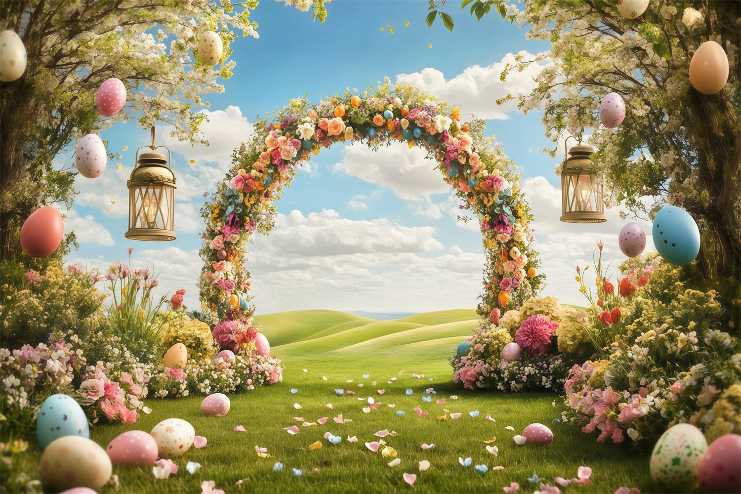 Toile de fond Pâques Arche Florale Prairie CJJ-165